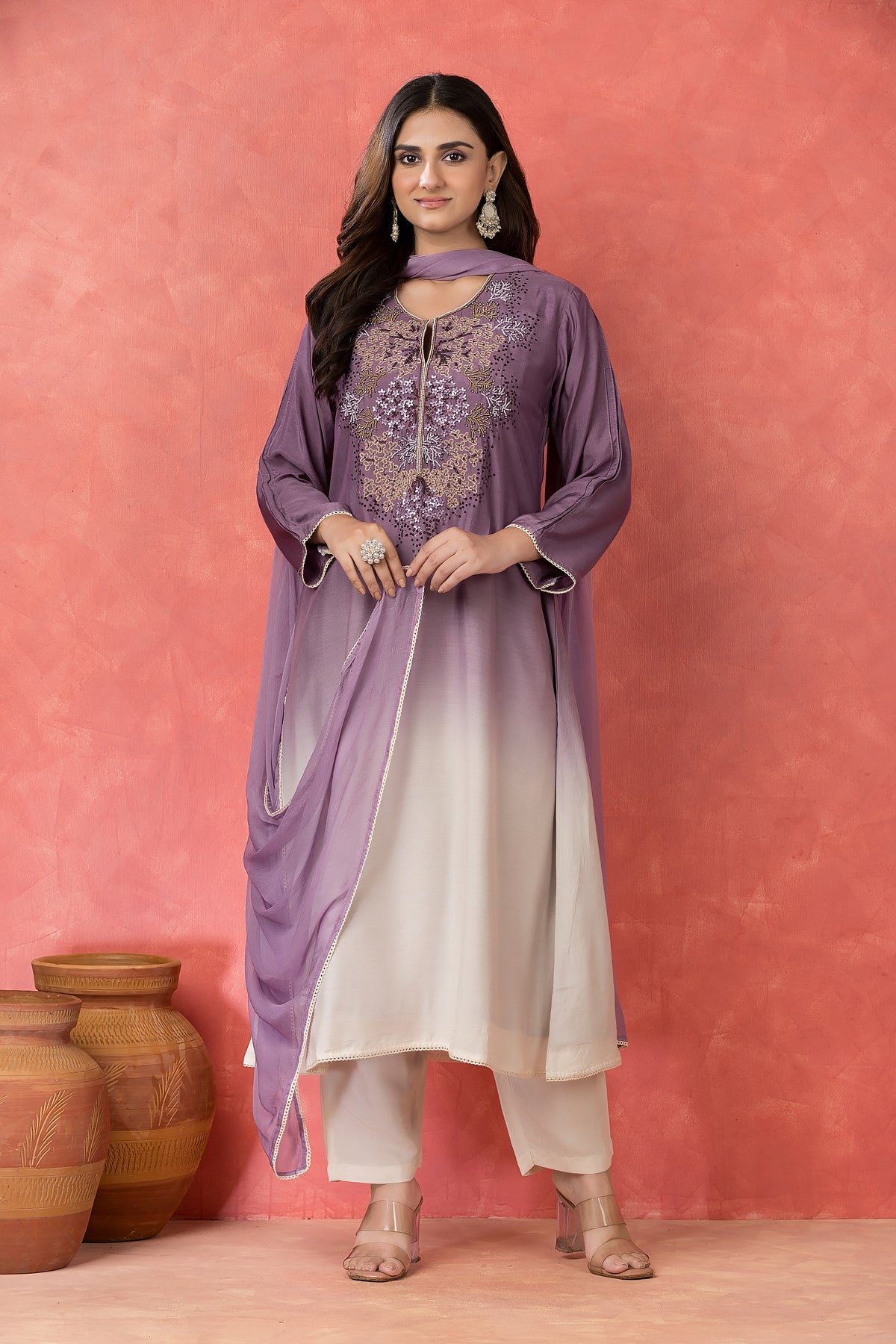 Shade Dyed Muslin Kurta set with Handwork