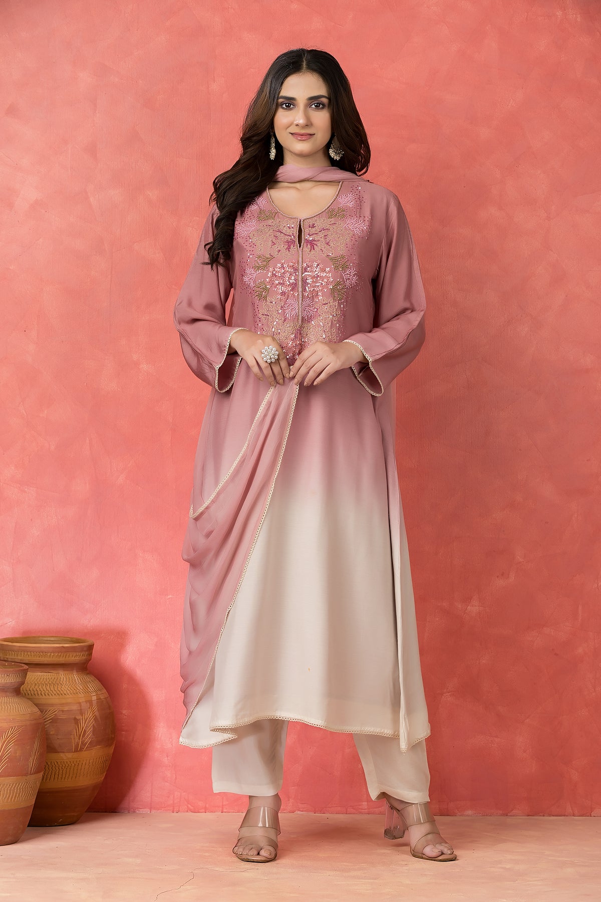 Shade Dyed Muslin Kurta set with Handwork