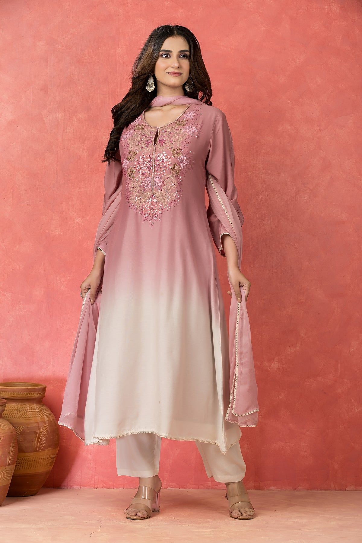 Shade Dyed Muslin Kurta set with Handwork