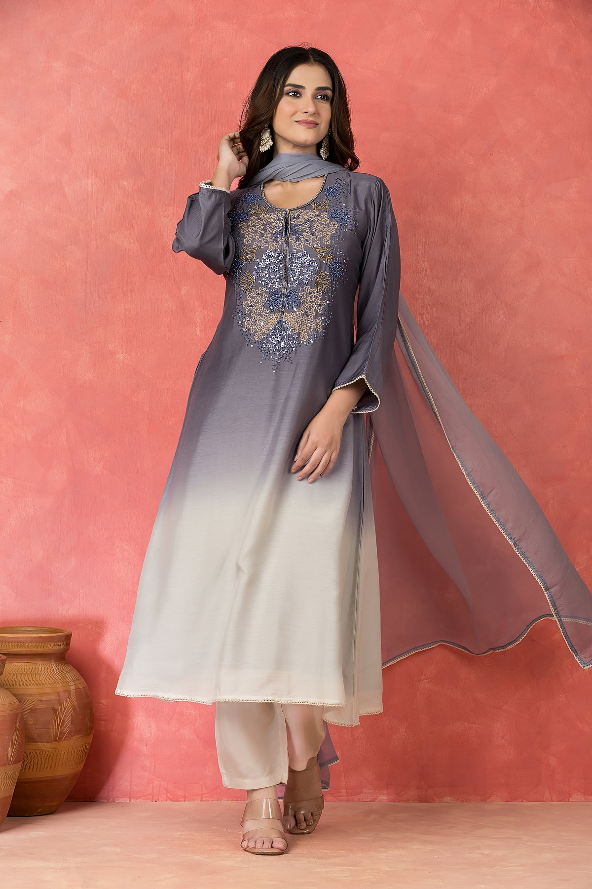 Shade Dyed Muslin Kurta set with Handwork