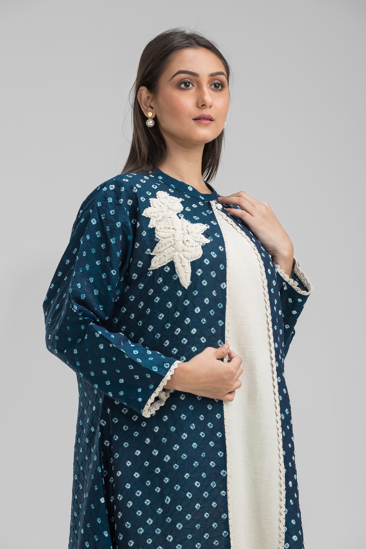 White Cotton Long Dress with Bandhni Print Jacket