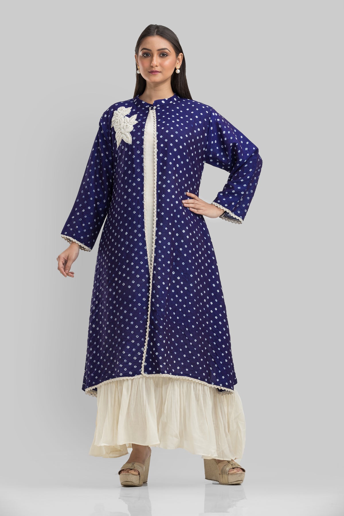 White Cotton Long Dress with Bandhni Print Jacket