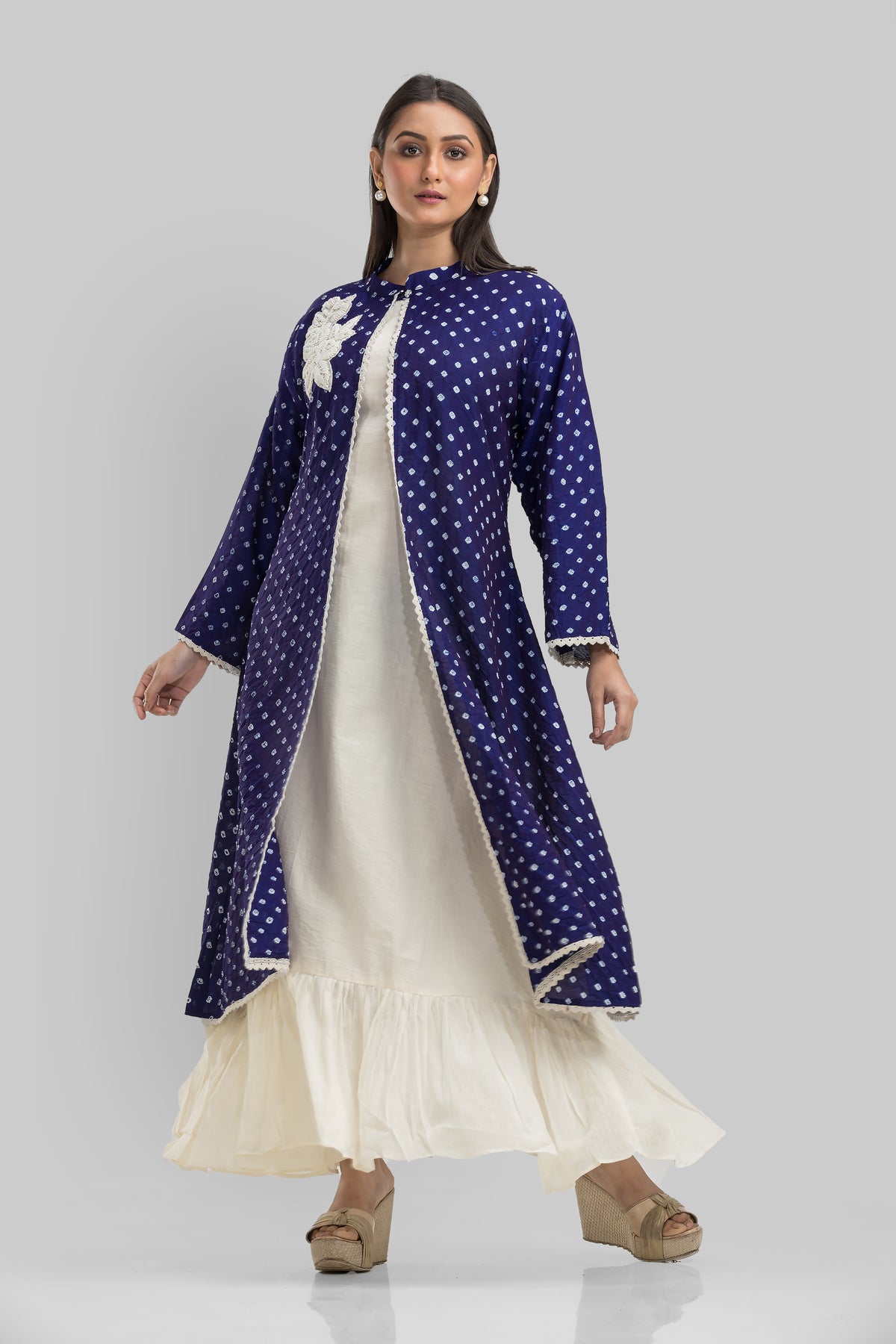 White Cotton Long Dress with Bandhni Print Jacket