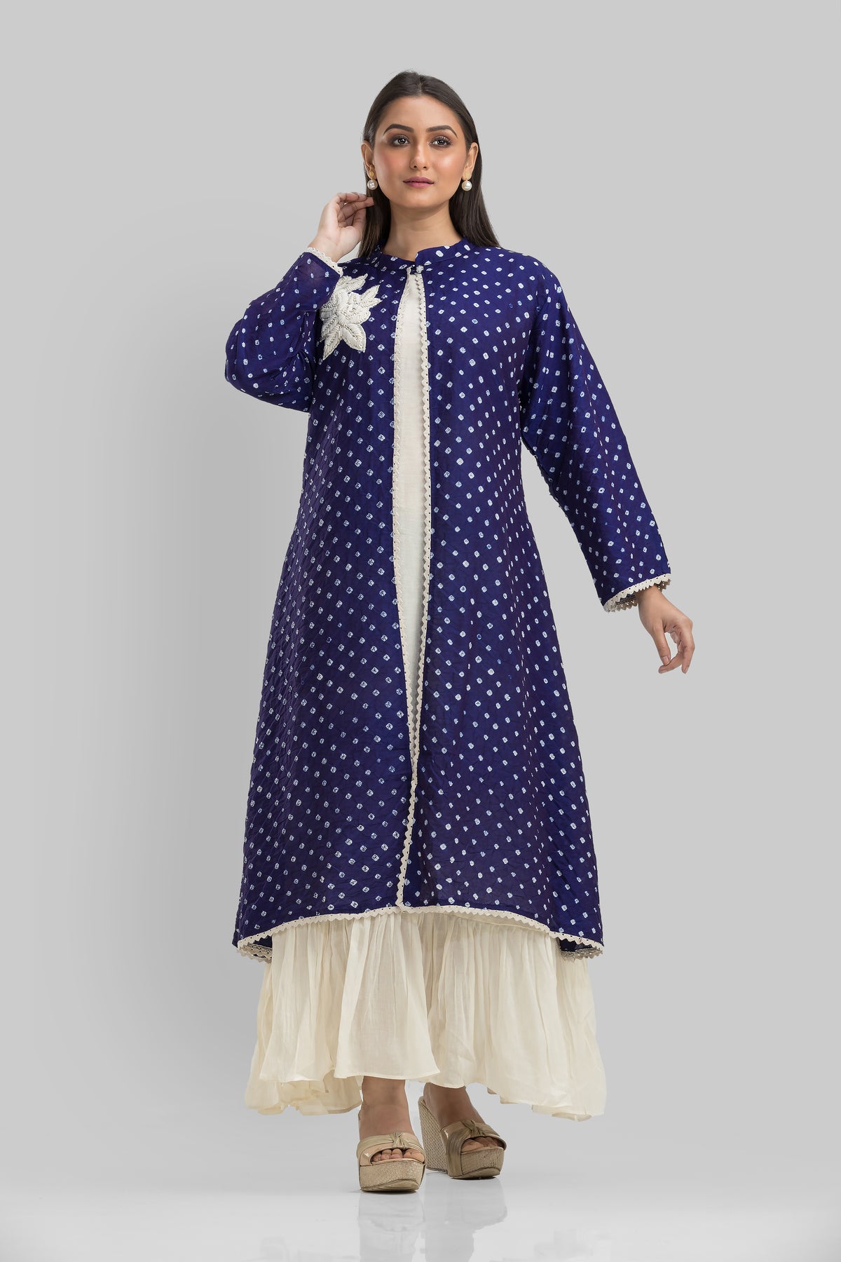 White Cotton Long Dress with Bandhni Print Jacket