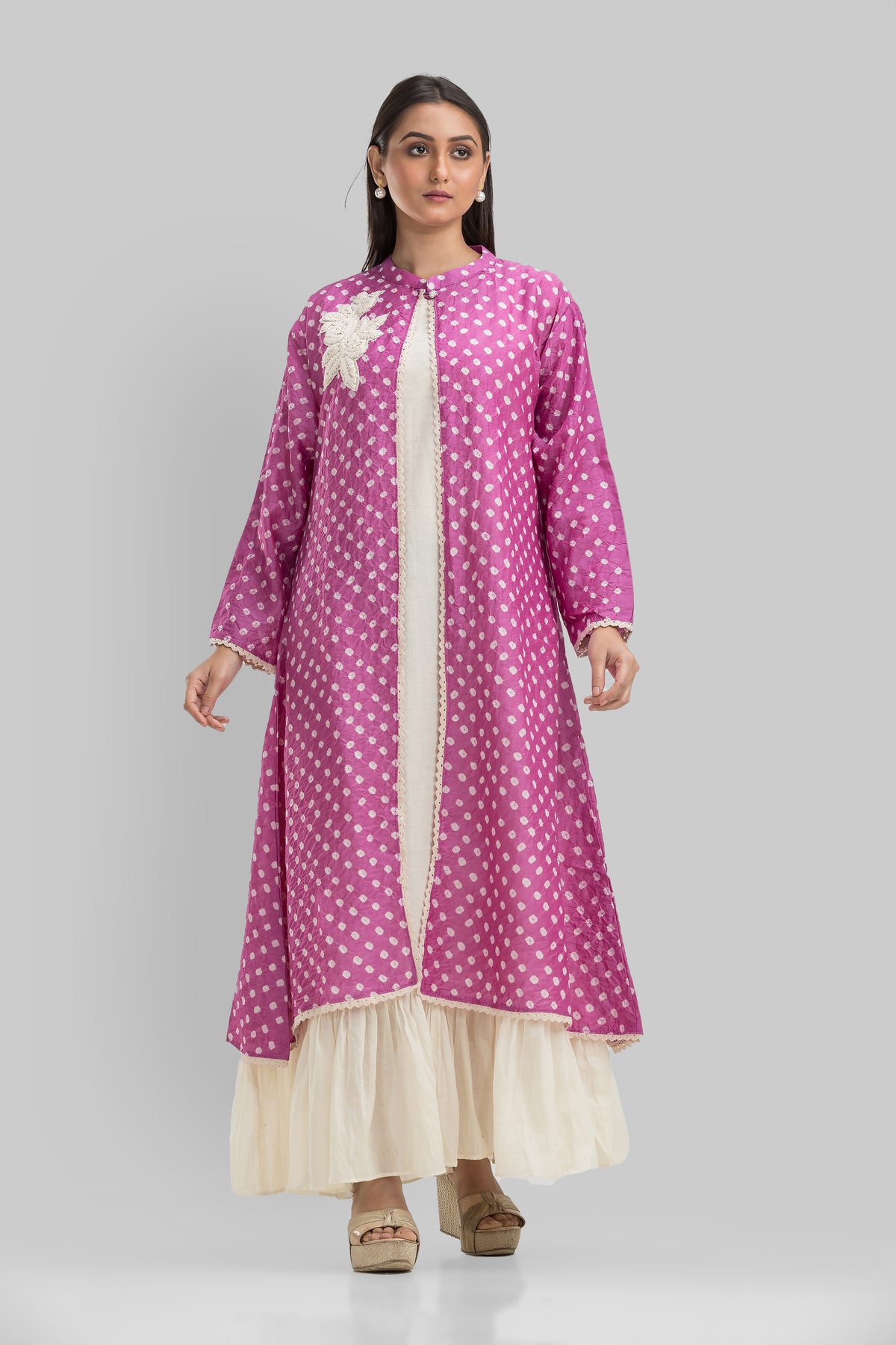 White Cotton Long Dress with Bandhni Print Jacket