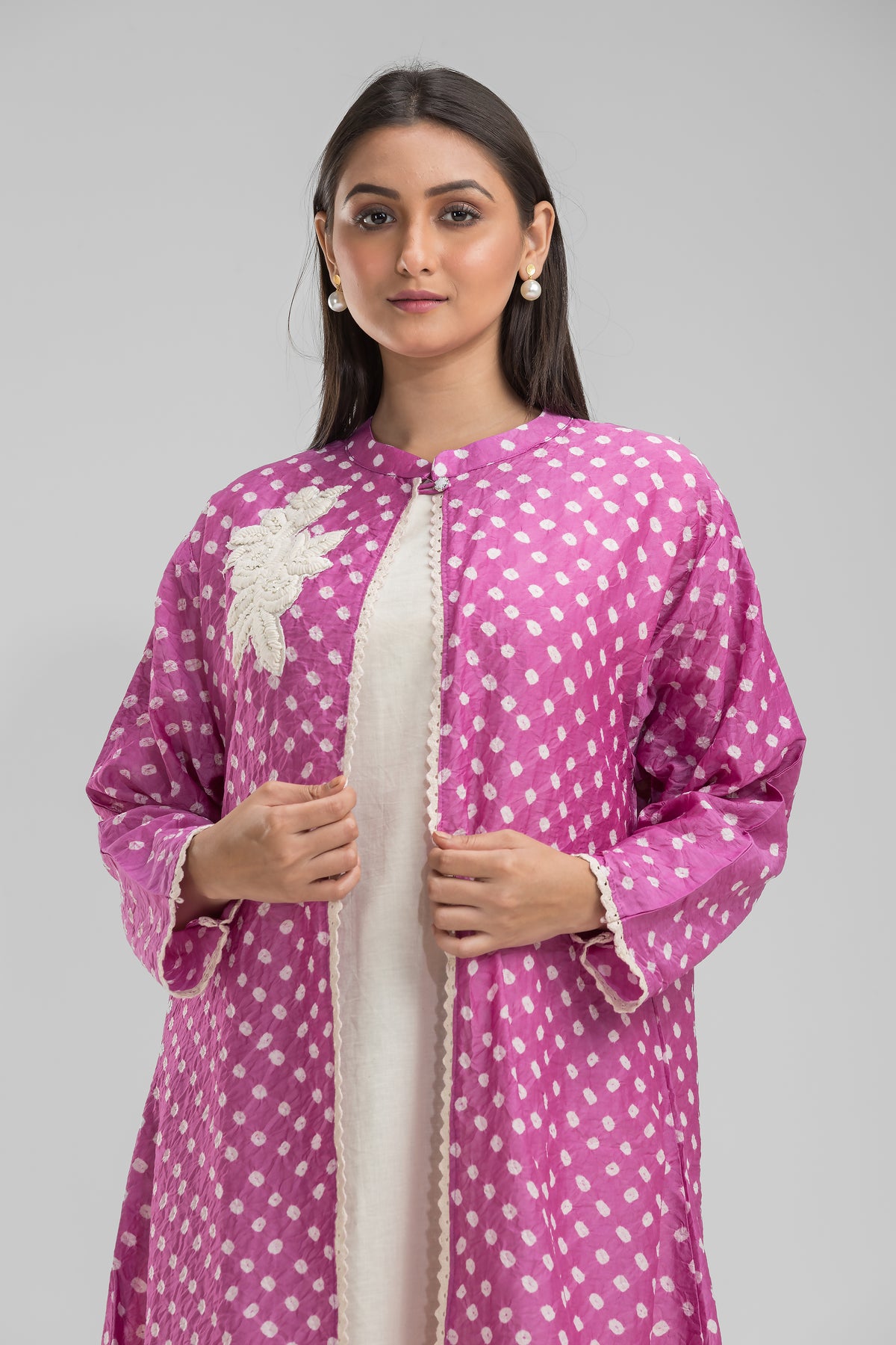 White Cotton Long Dress with Bandhni Print Jacket