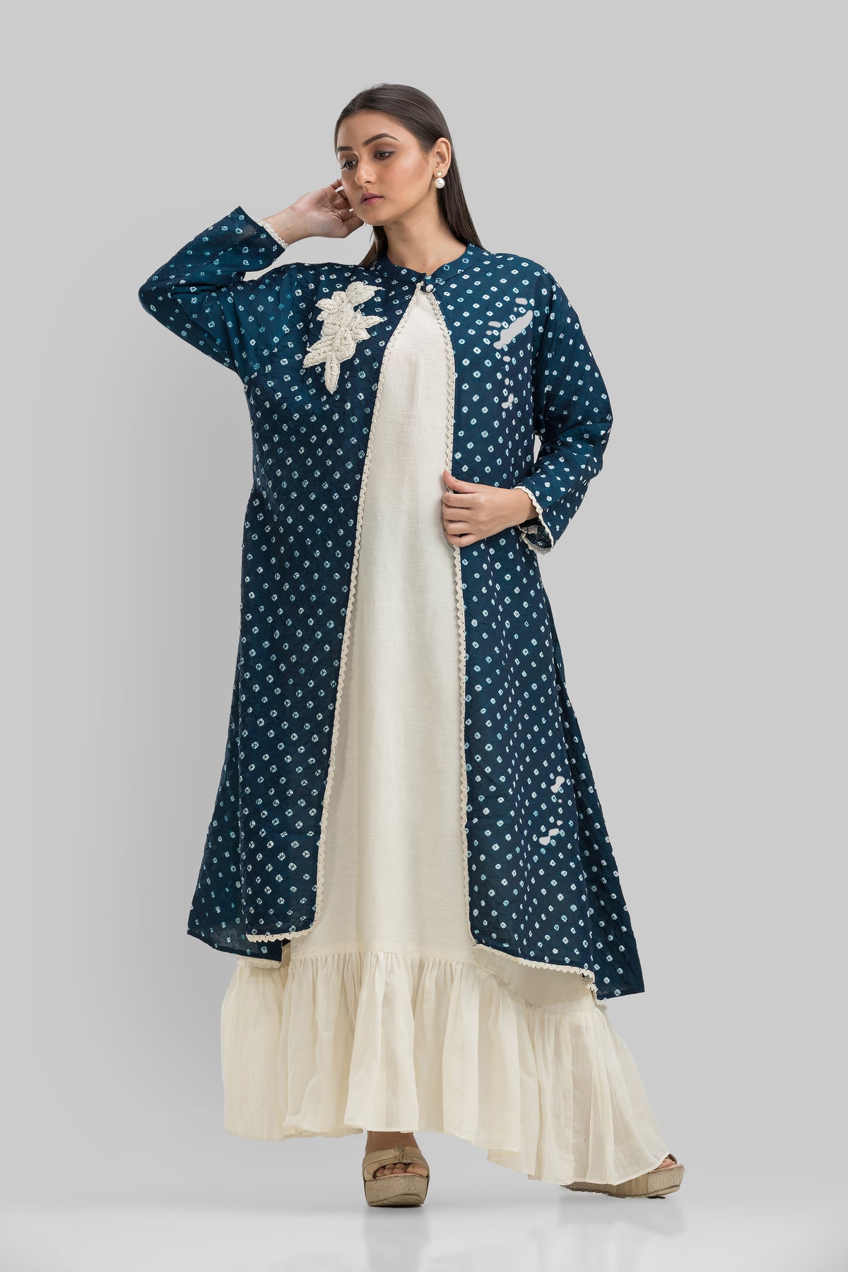 White Cotton Long Dress with Bandhni Print Jacket