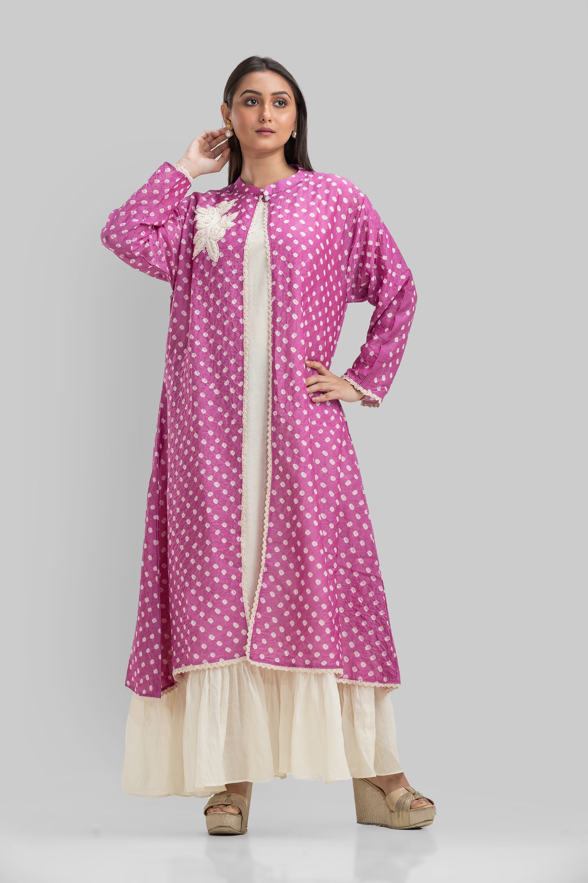 White Cotton Long Dress with Bandhni Print Jacket