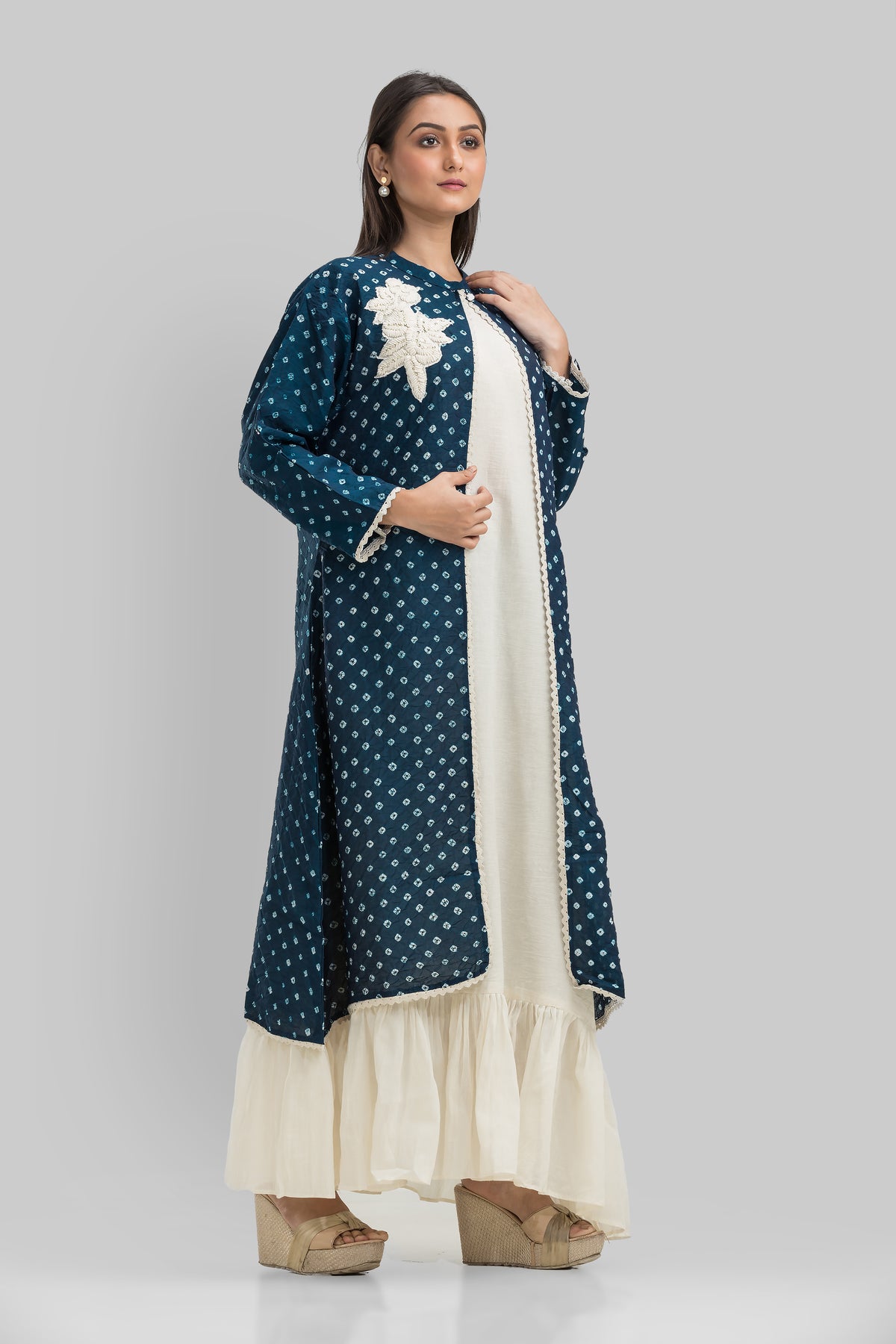 White Cotton Long Dress with Bandhni Print Jacket