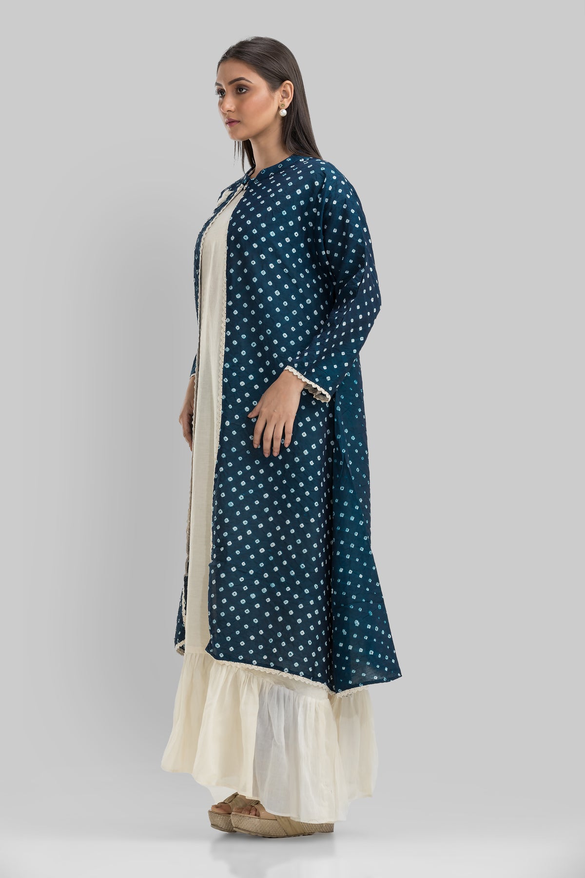 White Cotton Long Dress with Bandhni Print Jacket