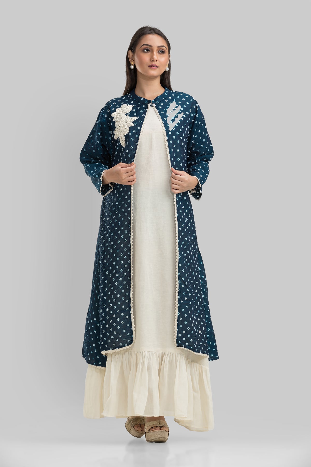 White Cotton Long Dress with Bandhni Print Jacket