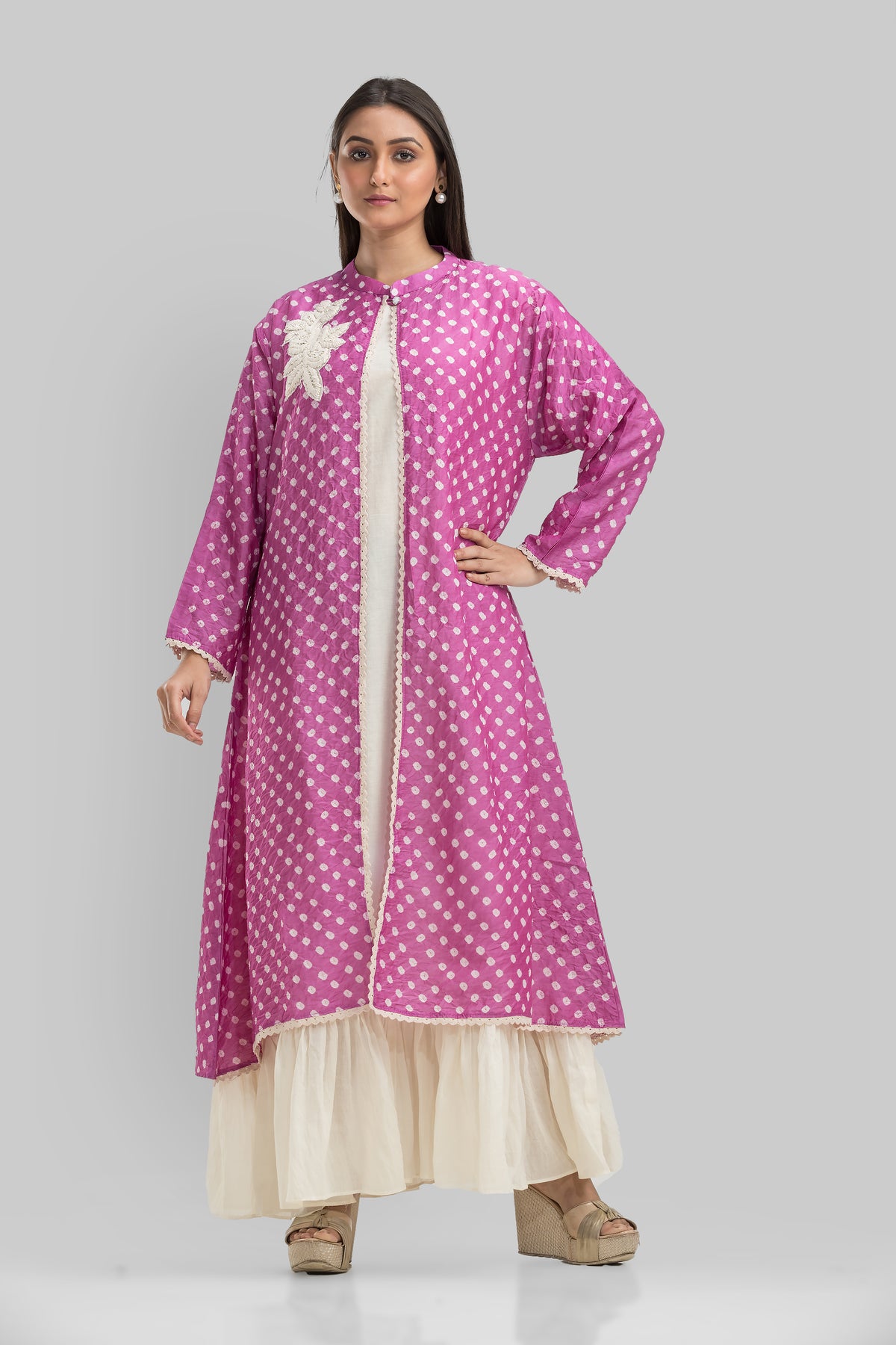 White Cotton Long Dress with Bandhni Print Jacket