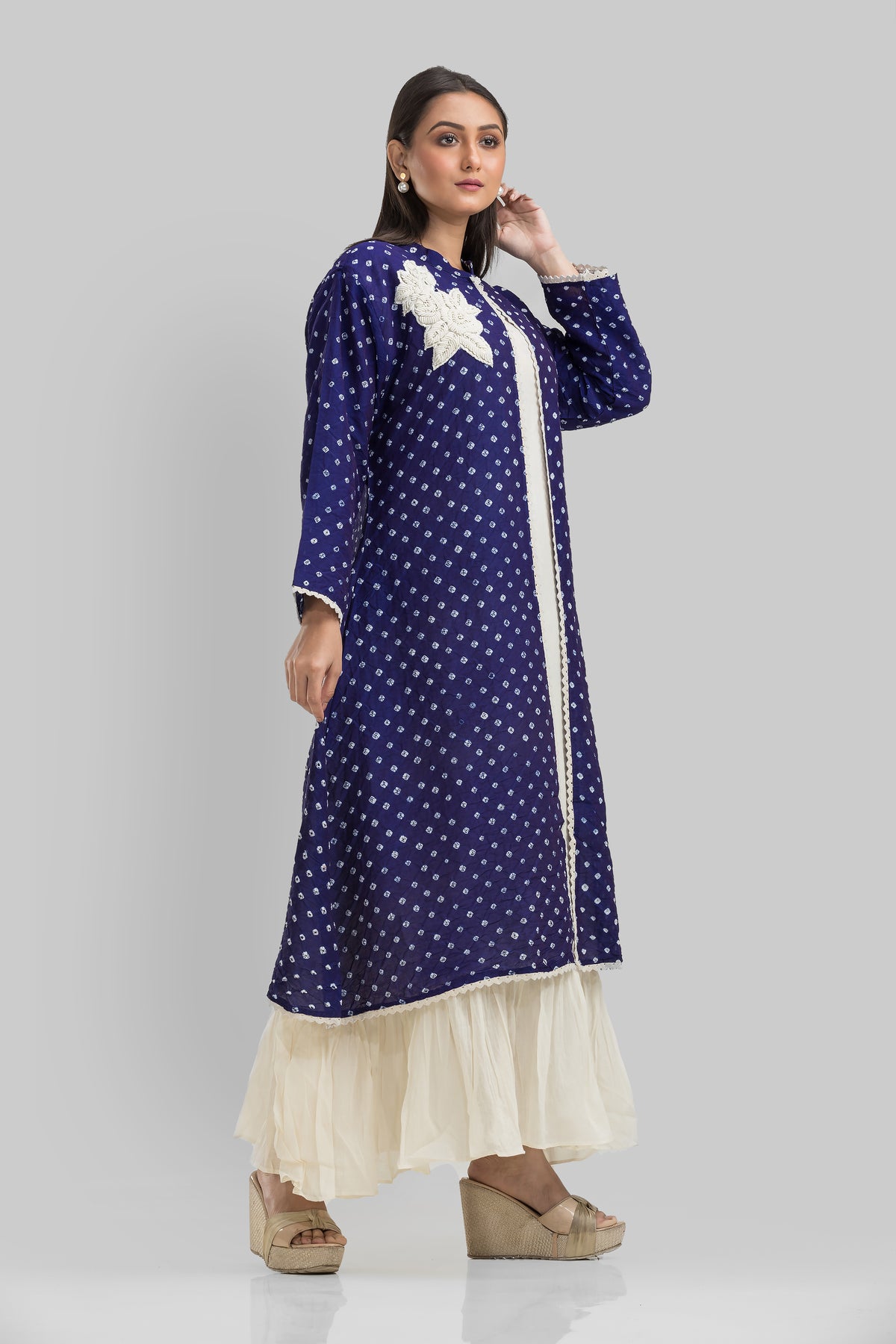 White Cotton Long Dress with Bandhni Print Jacket