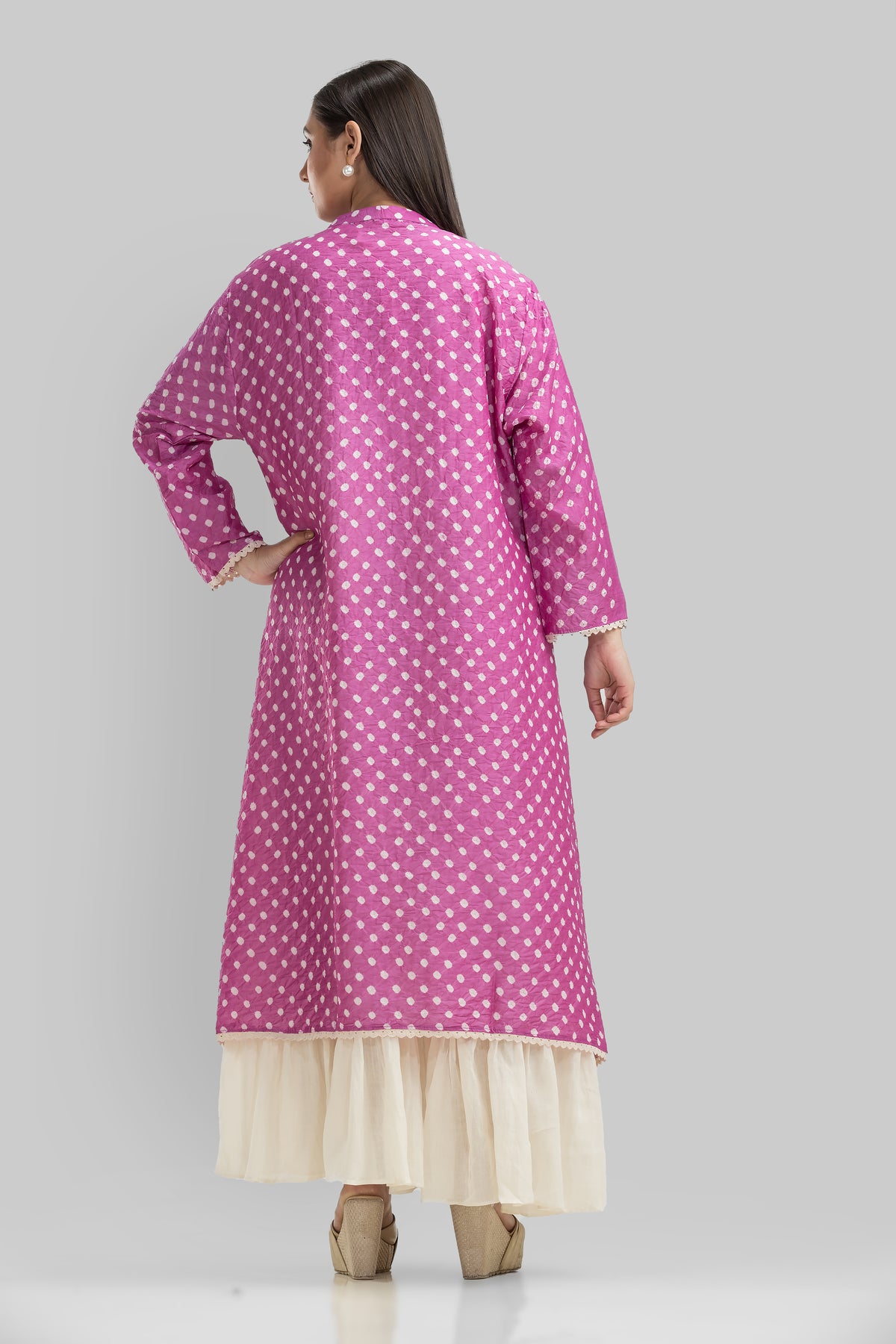 White Cotton Long Dress with Bandhni Print Jacket