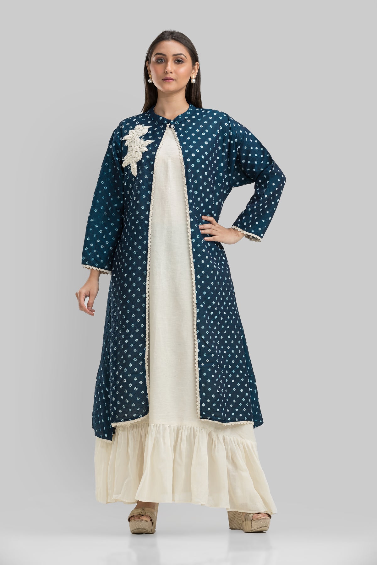 White Cotton Long Dress with Bandhni Print Jacket