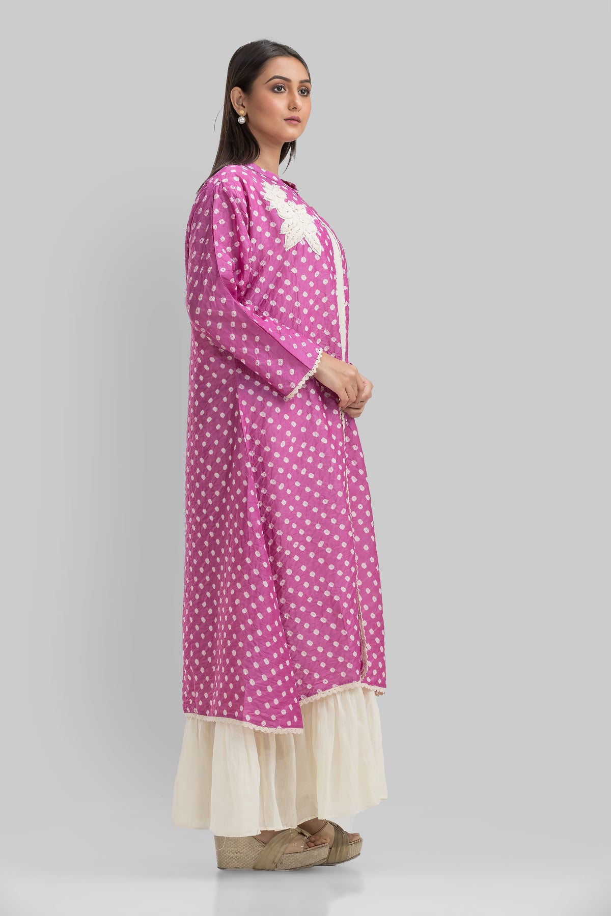 White Cotton Long Dress with Bandhni Print Jacket