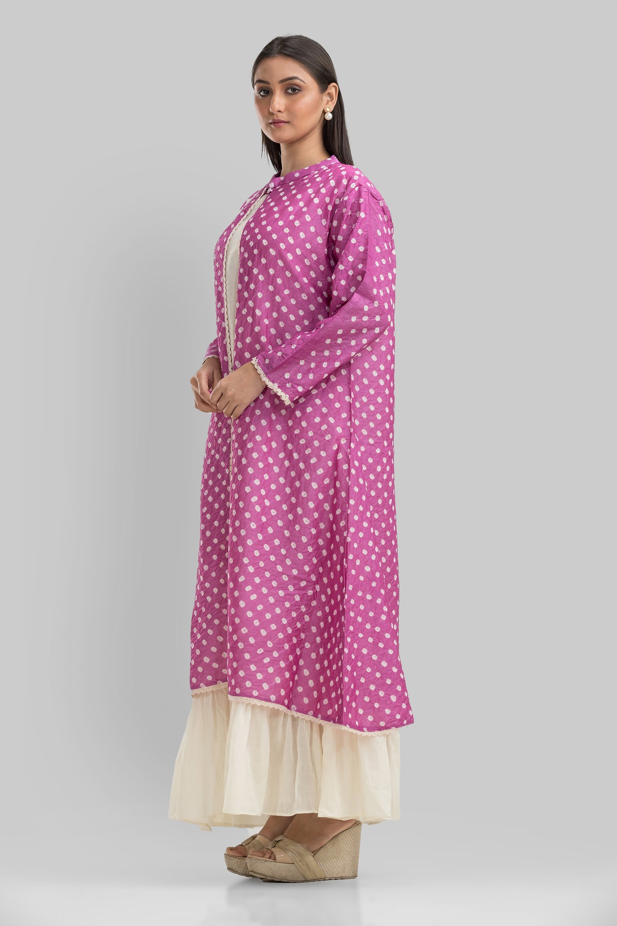 White Cotton Long Dress with Bandhni Print Jacket