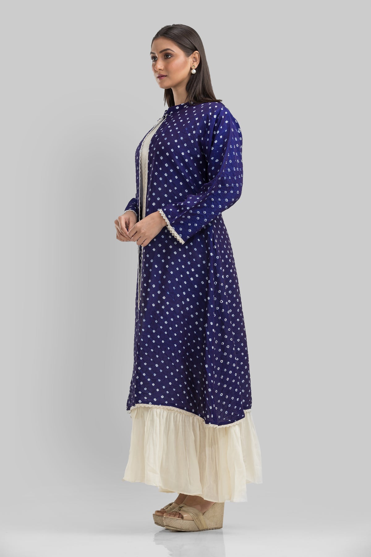 White Cotton Long Dress with Bandhni Print Jacket