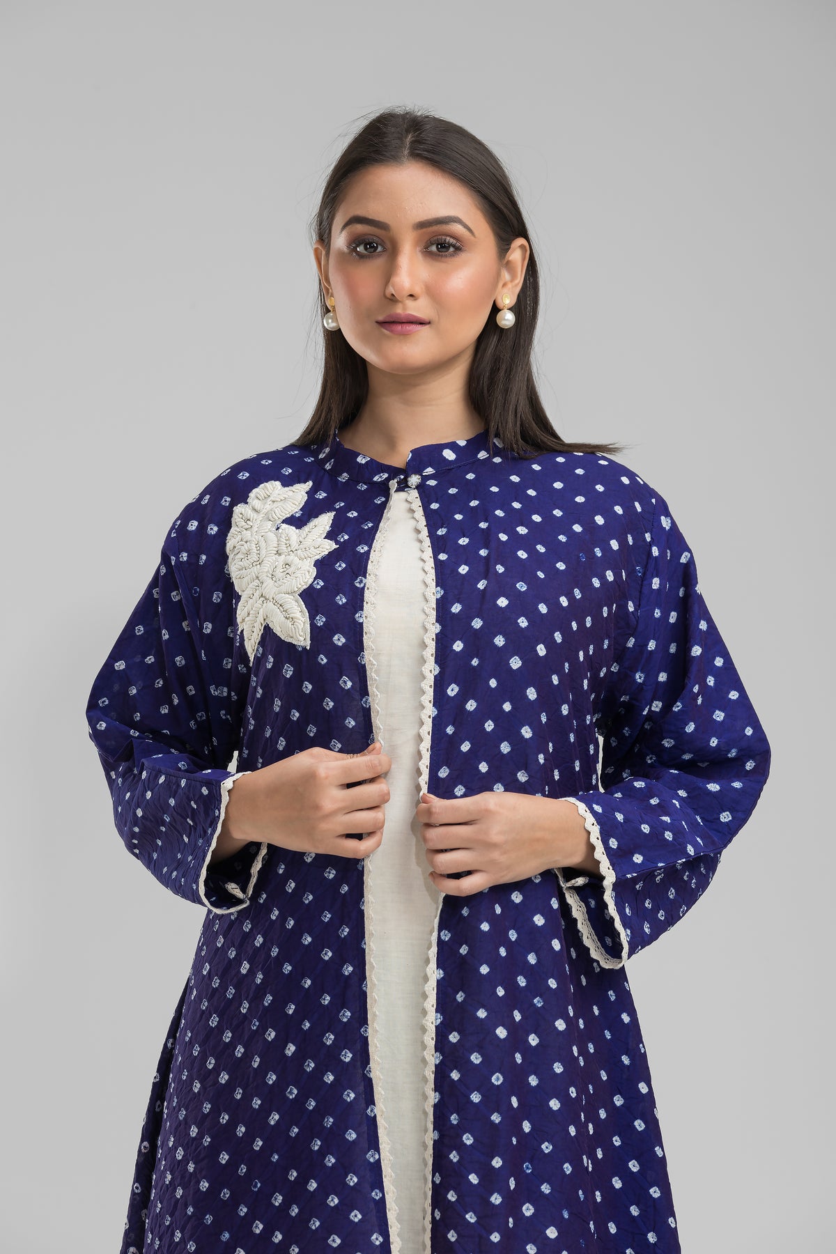 White Cotton Long Dress with Bandhni Print Jacket