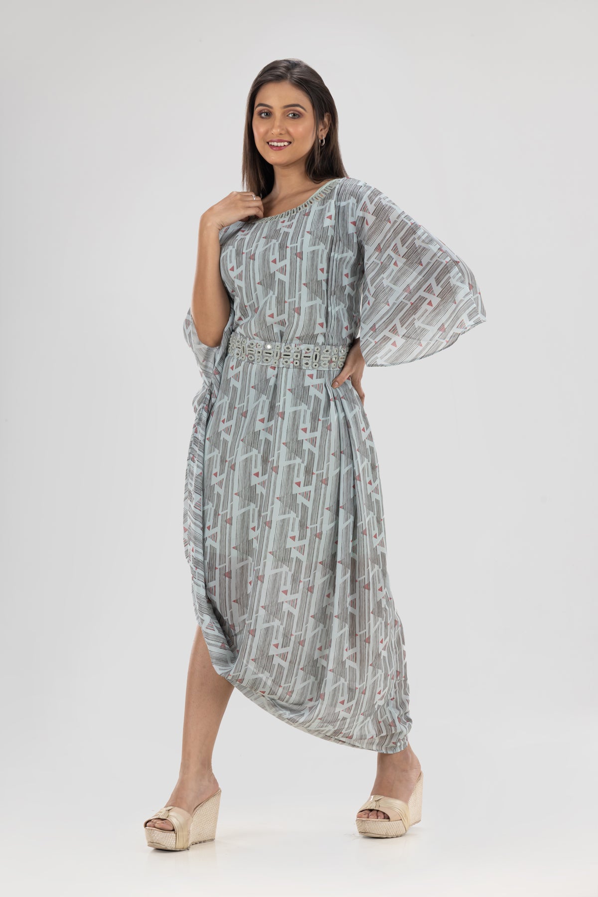 Designer Printed Georgette Dress, Cowl Drape