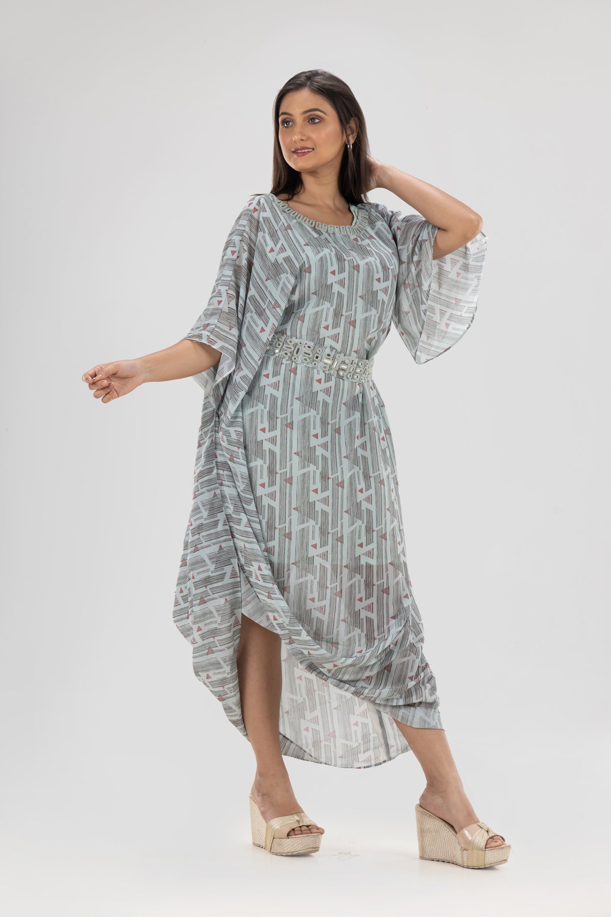 Designer Printed Georgette Dress, Cowl Drape