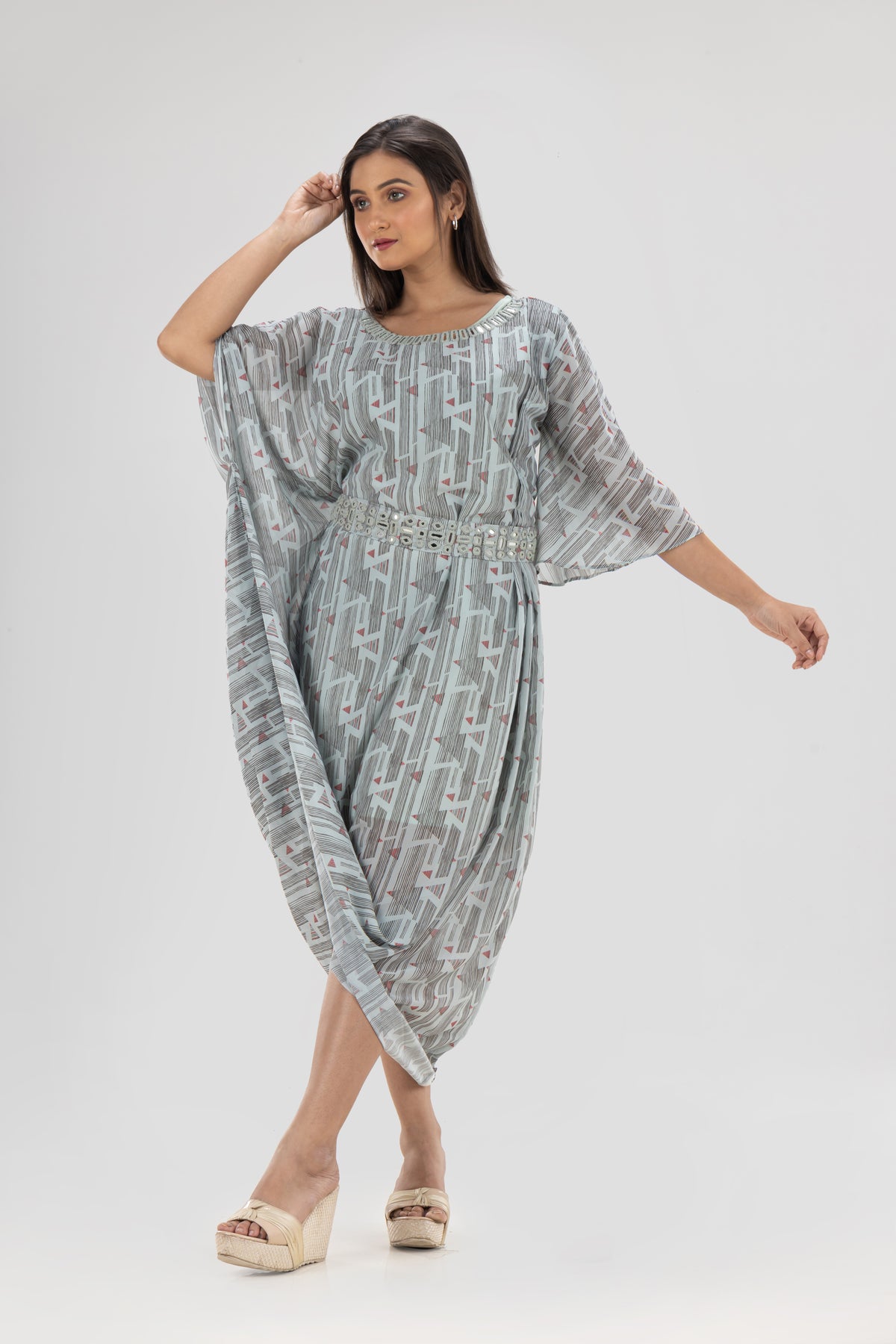 Designer Printed Georgette Dress, Cowl Drape