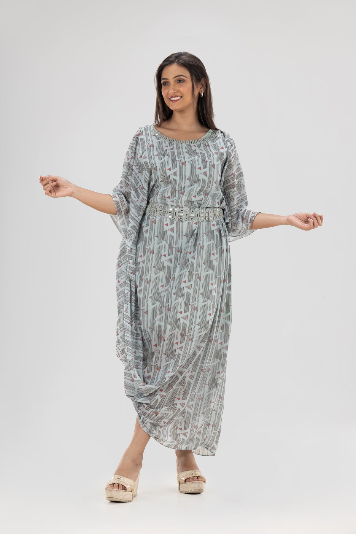 Designer Printed Georgette Dress, Cowl Drape