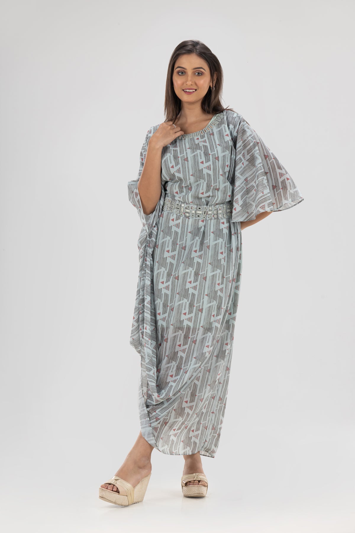 Designer Printed Georgette Dress, Cowl Drape