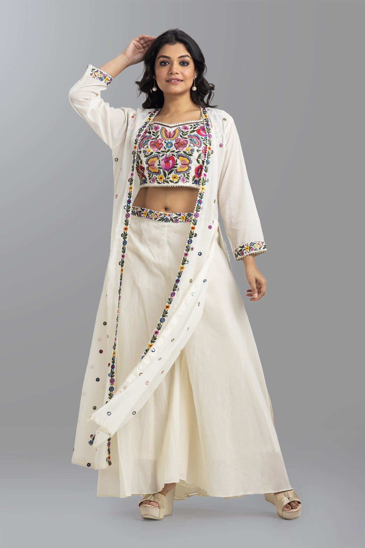 Embroidered Indo-Western Set; Crop Top, Jacket and Palazo