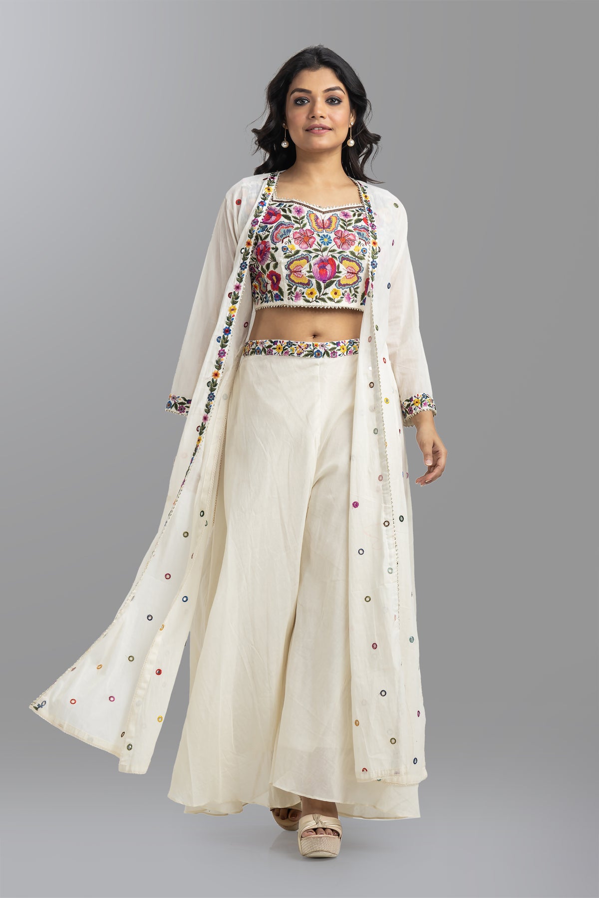 Embroidered Indo-Western Set; Crop Top, Jacket and Palazo