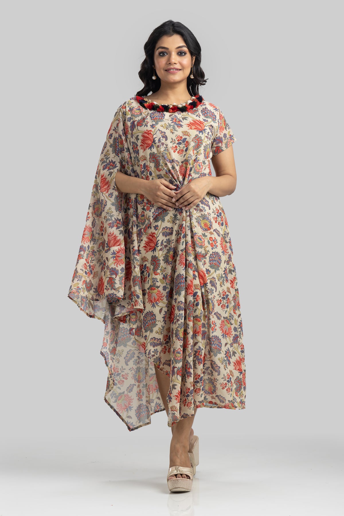 Designer Printed Cowl Drape Georgette Dress