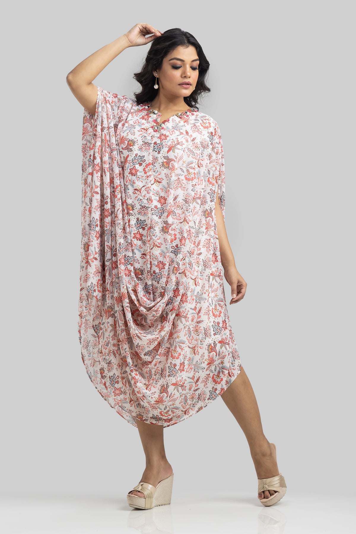 Designer Printed Cowl Drape Georgette Dress