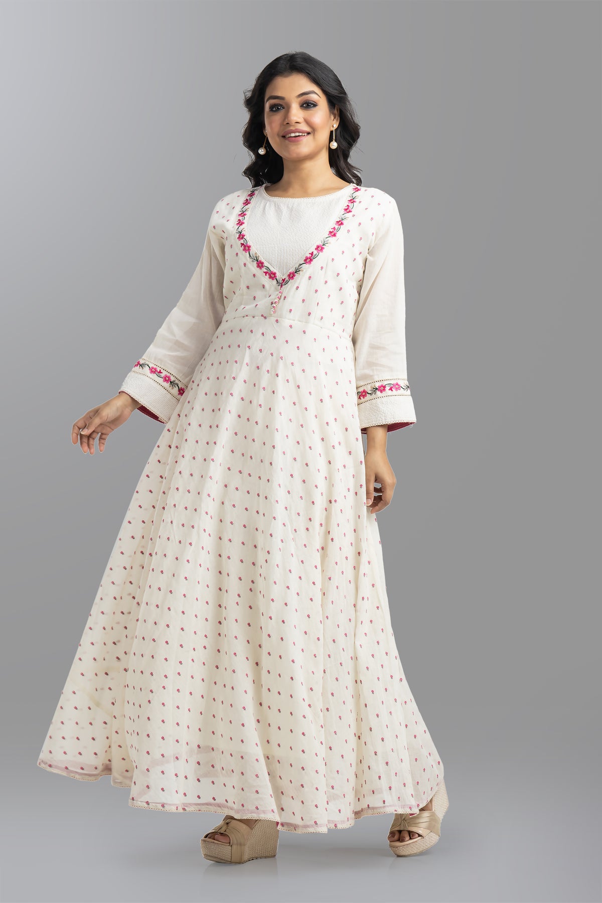 Embroidered Mulmul Long Gown