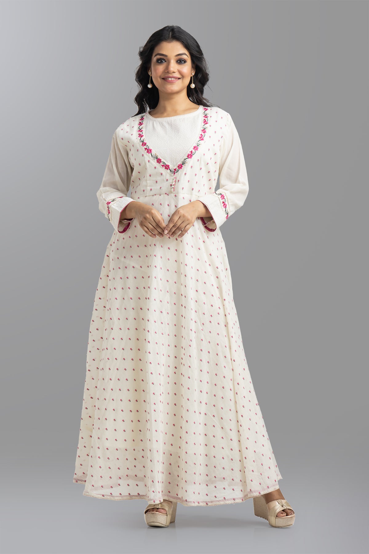 Embroidered Mulmul Long Gown