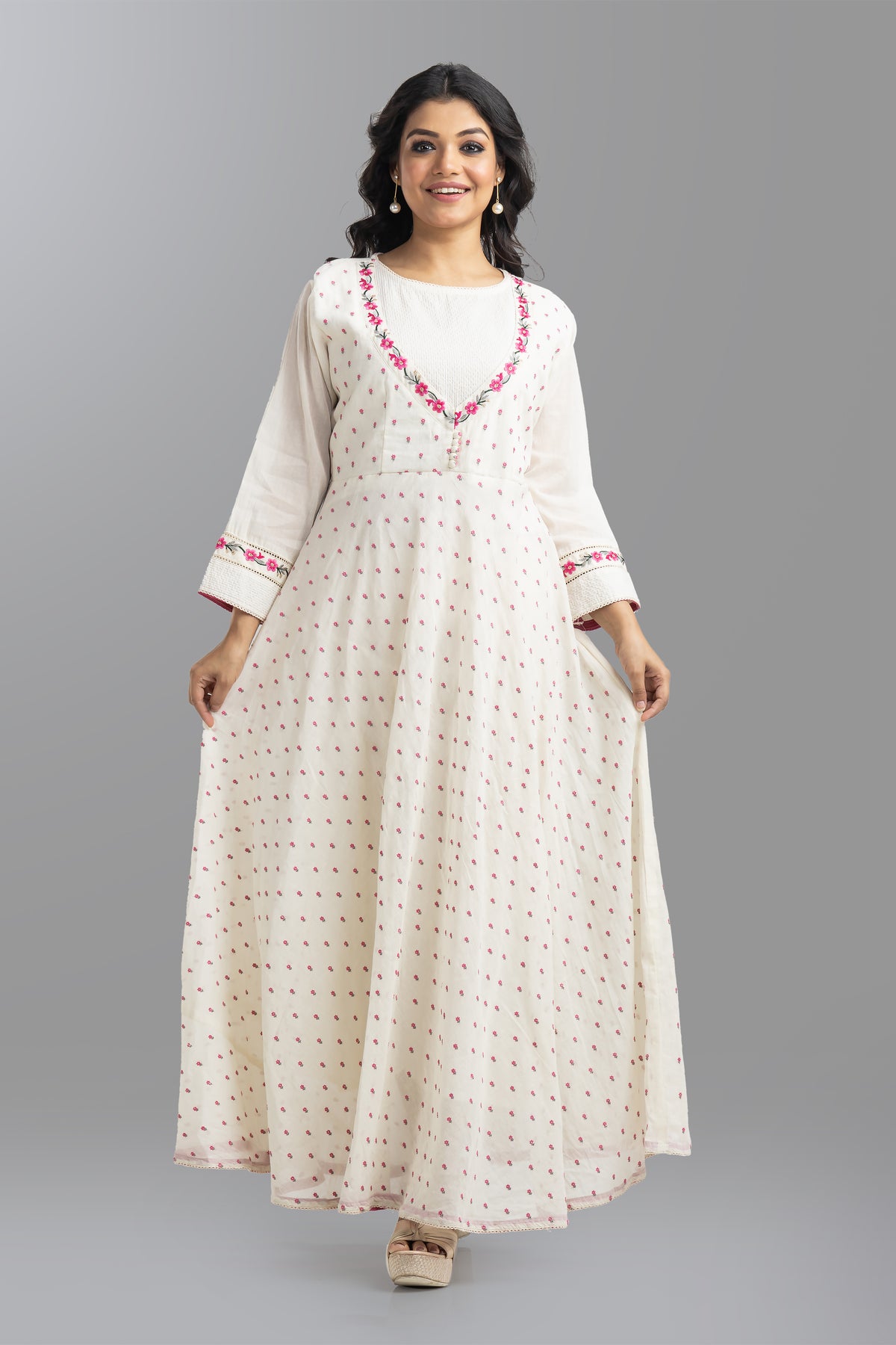 Embroidered Mulmul Long Gown