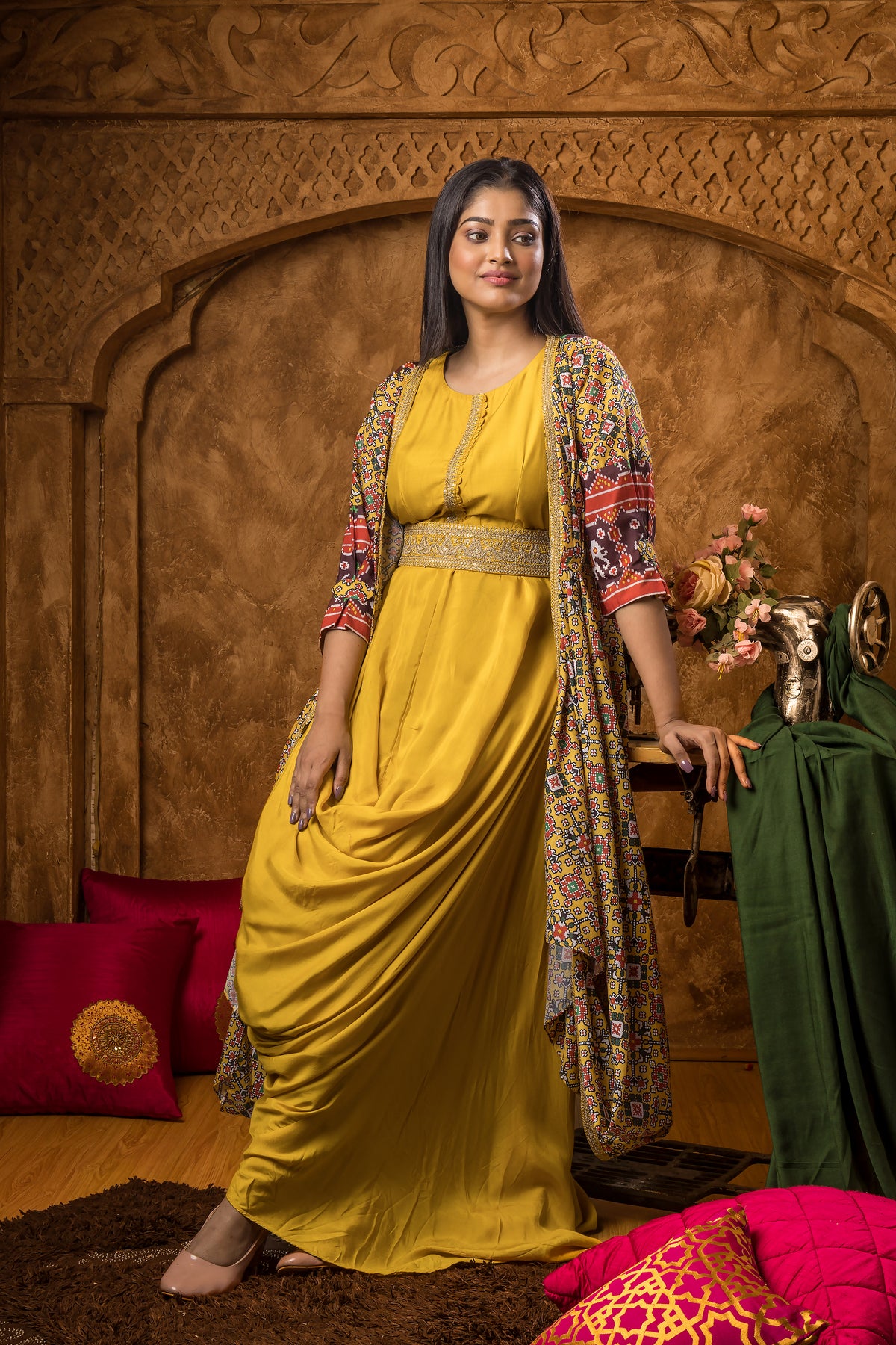 Yellow Dress with Printed Jacket and Belt