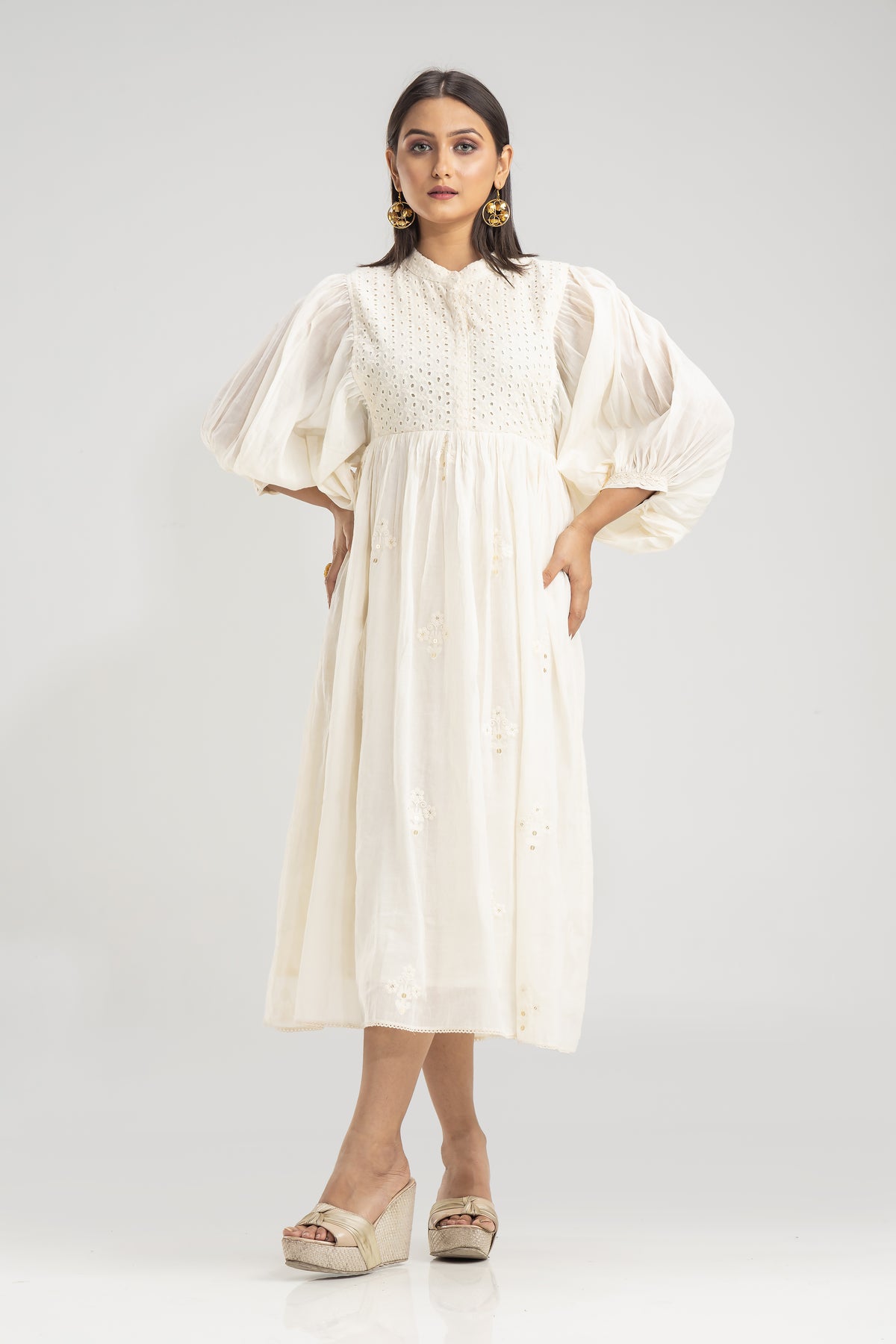 Cotton Gather Frock With Balloon Sleeves