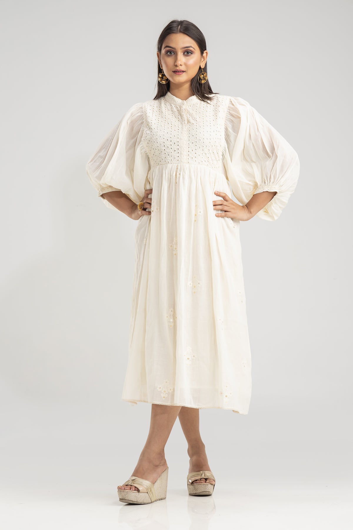 Cotton Gather Frock With Balloon Sleeves