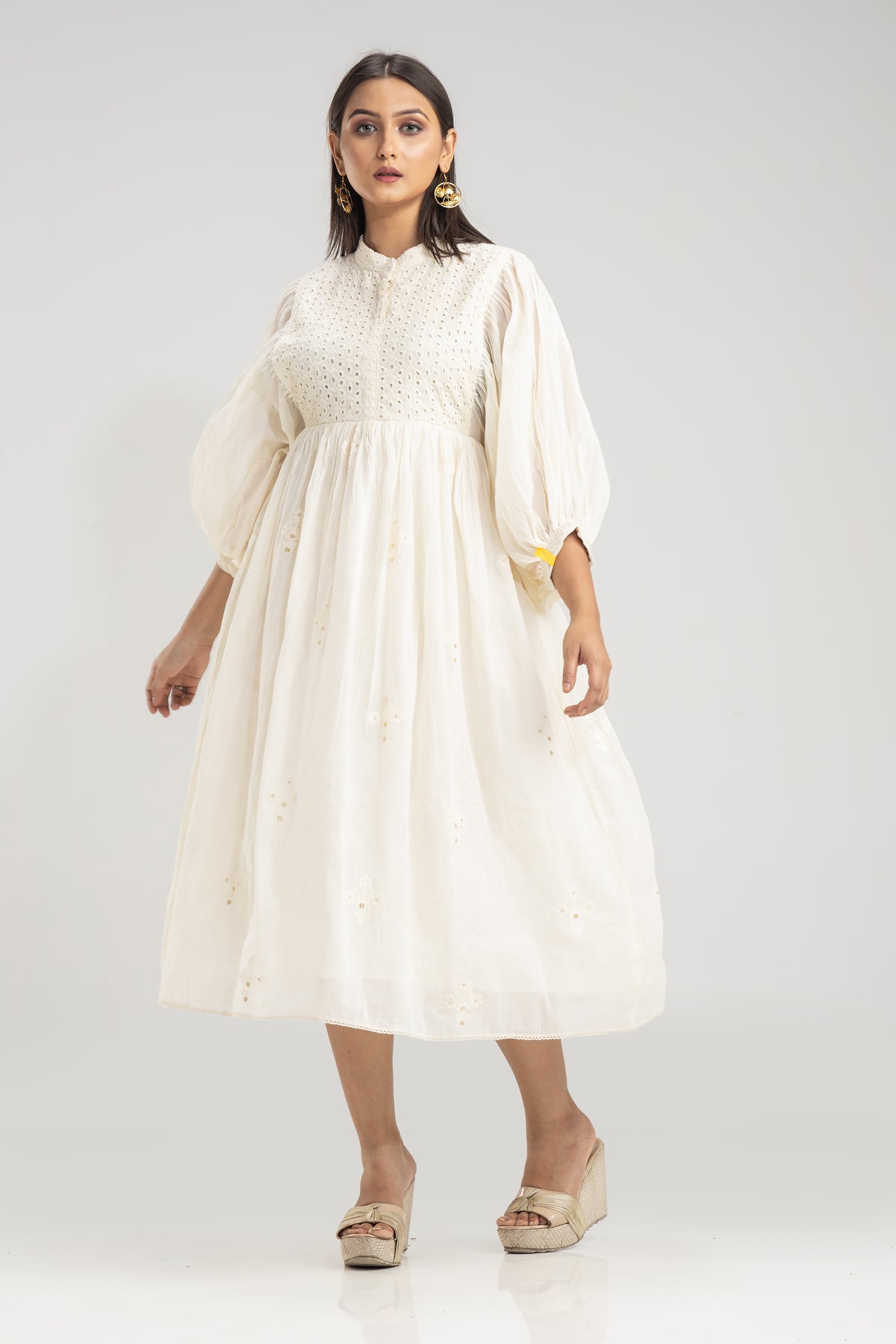 Cotton Gather Frock With Balloon Sleeves