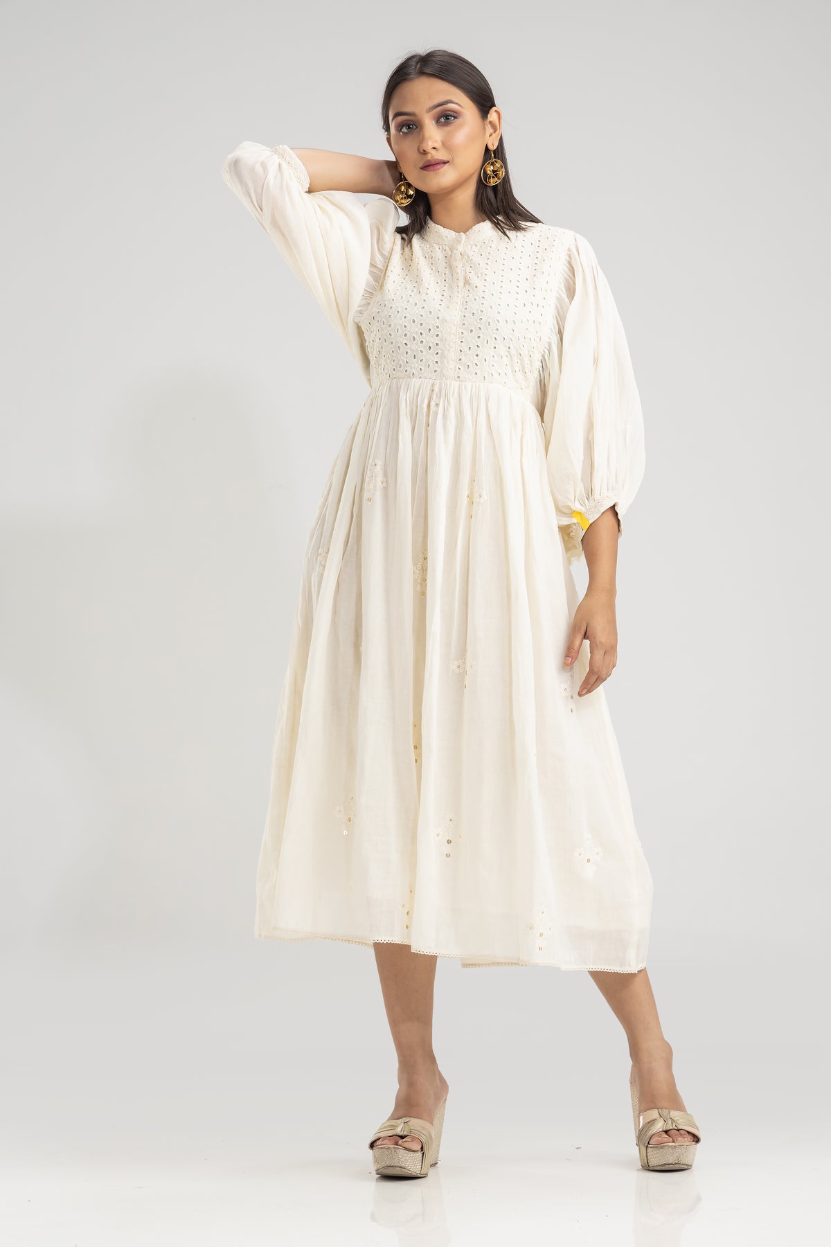 Cotton Gather Frock With Balloon Sleeves