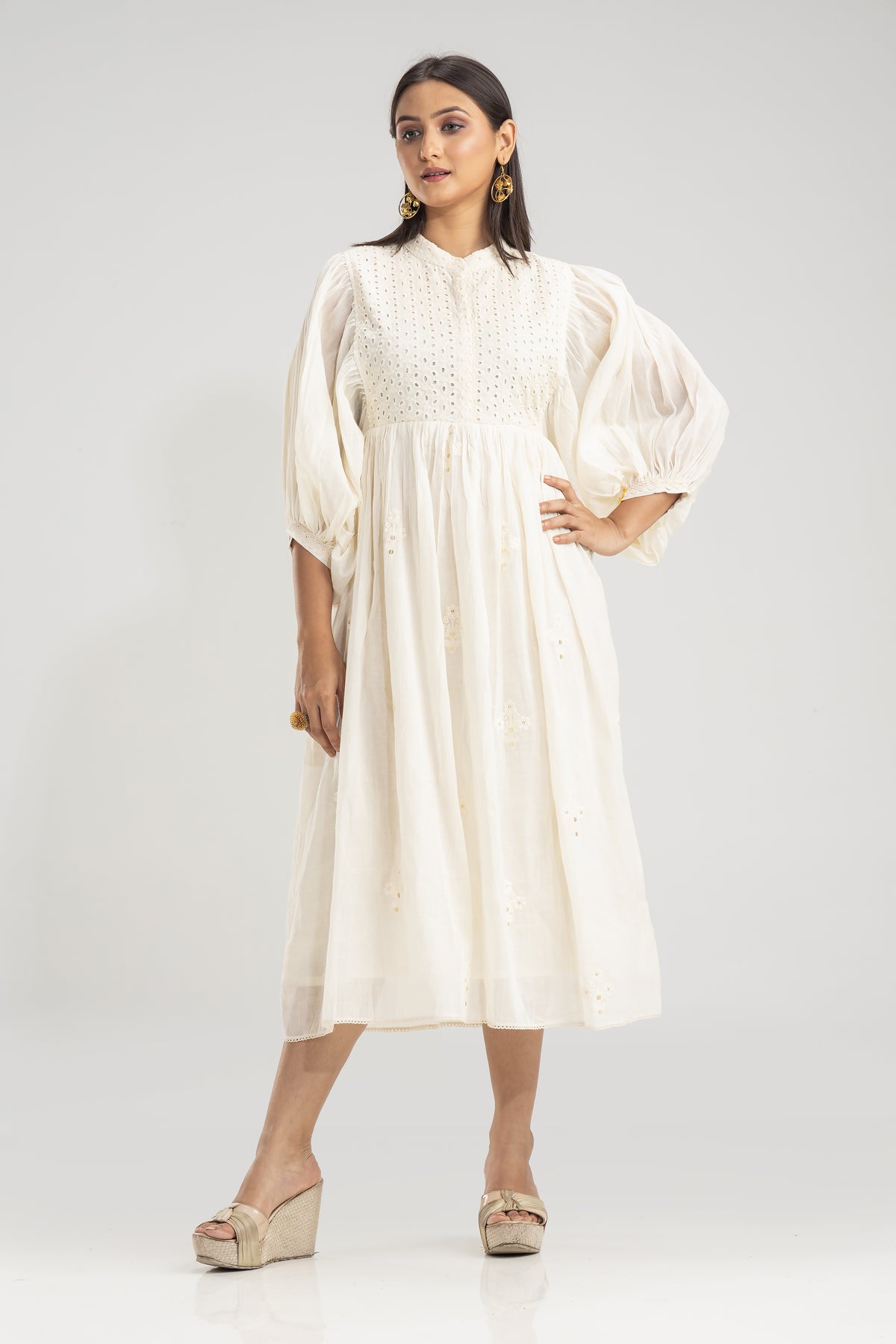 Cotton Gather Frock With Balloon Sleeves