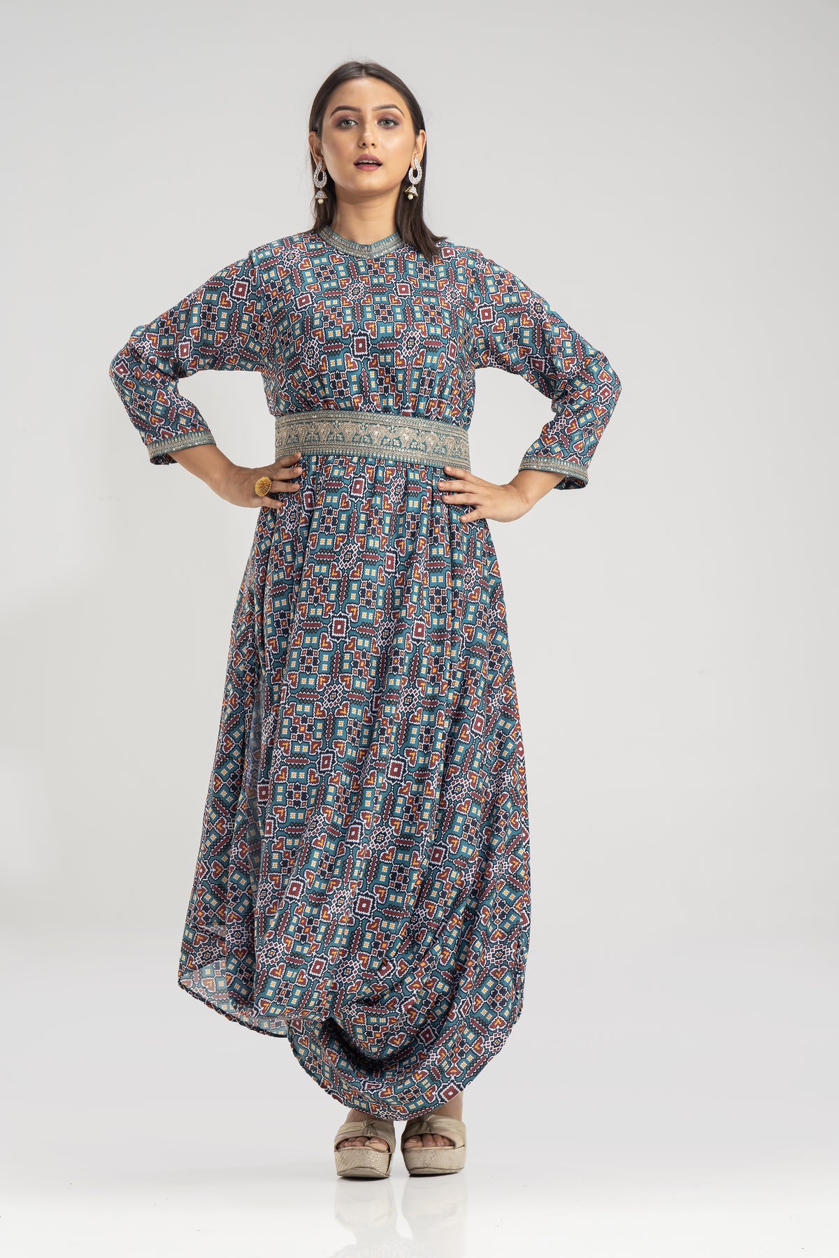 Multi print Gown With belt