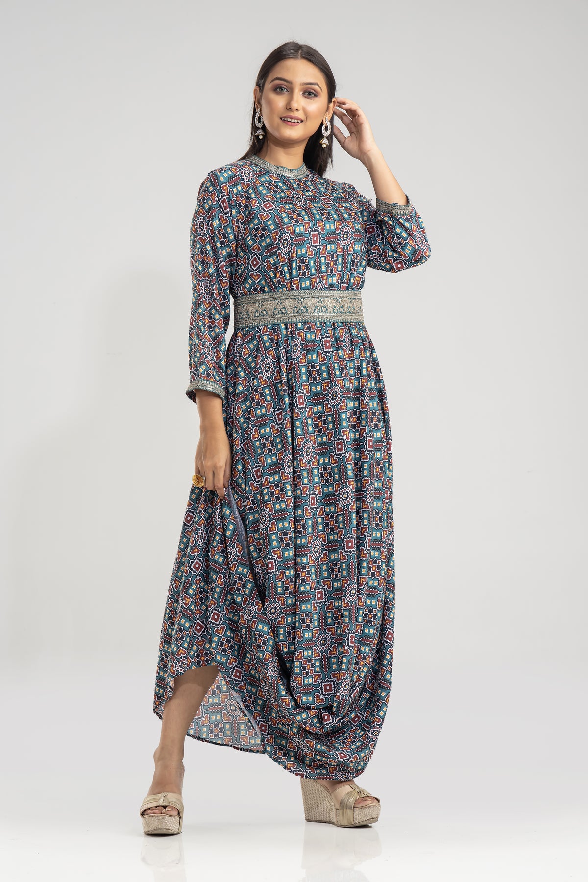 Multi print Gown With belt