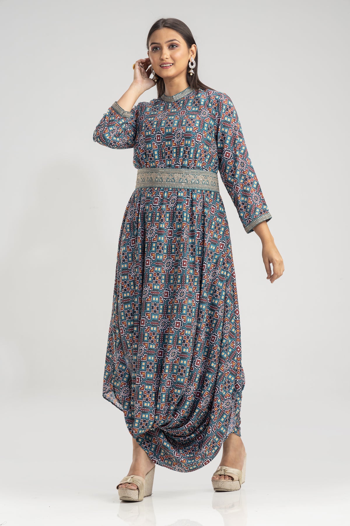 Multi print Gown With belt