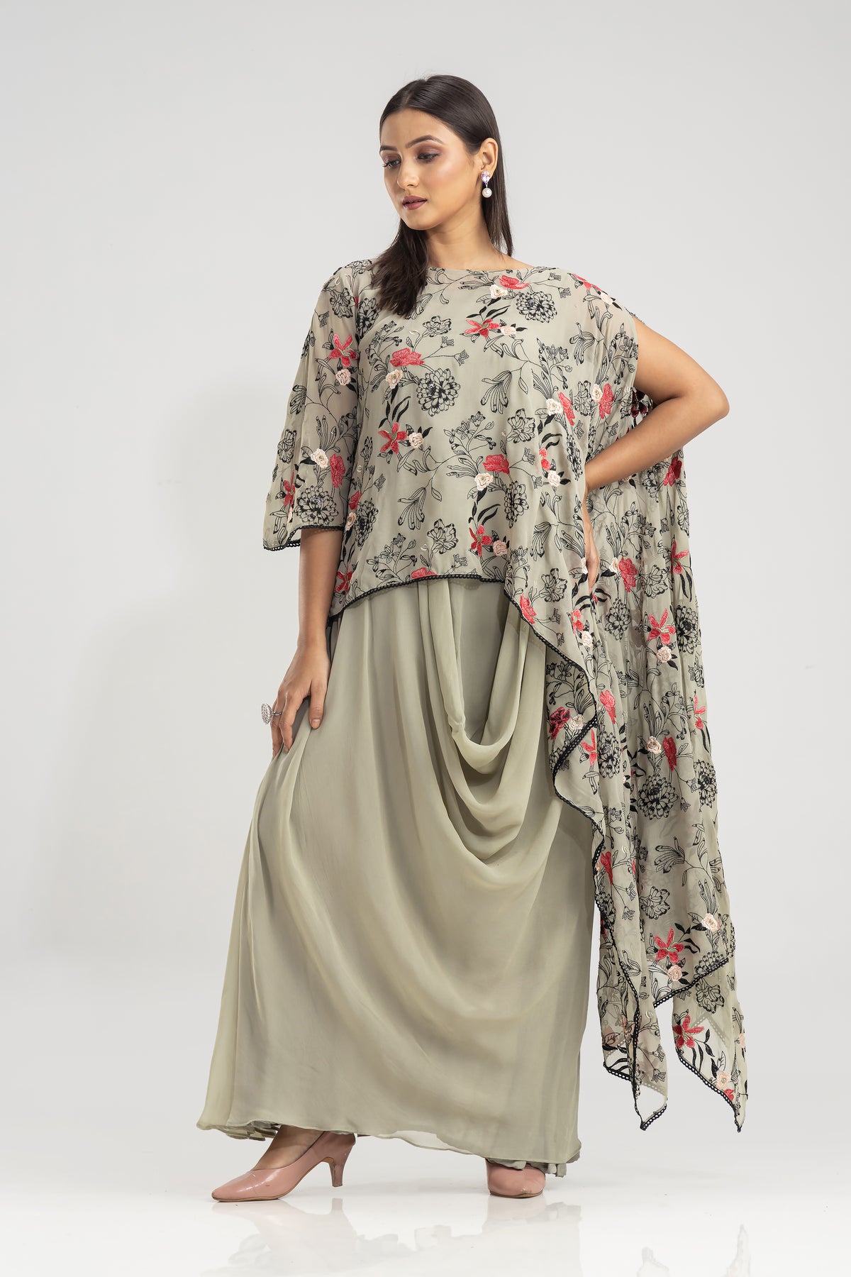 Embroidered Indo-Western Cowl Drape Dress