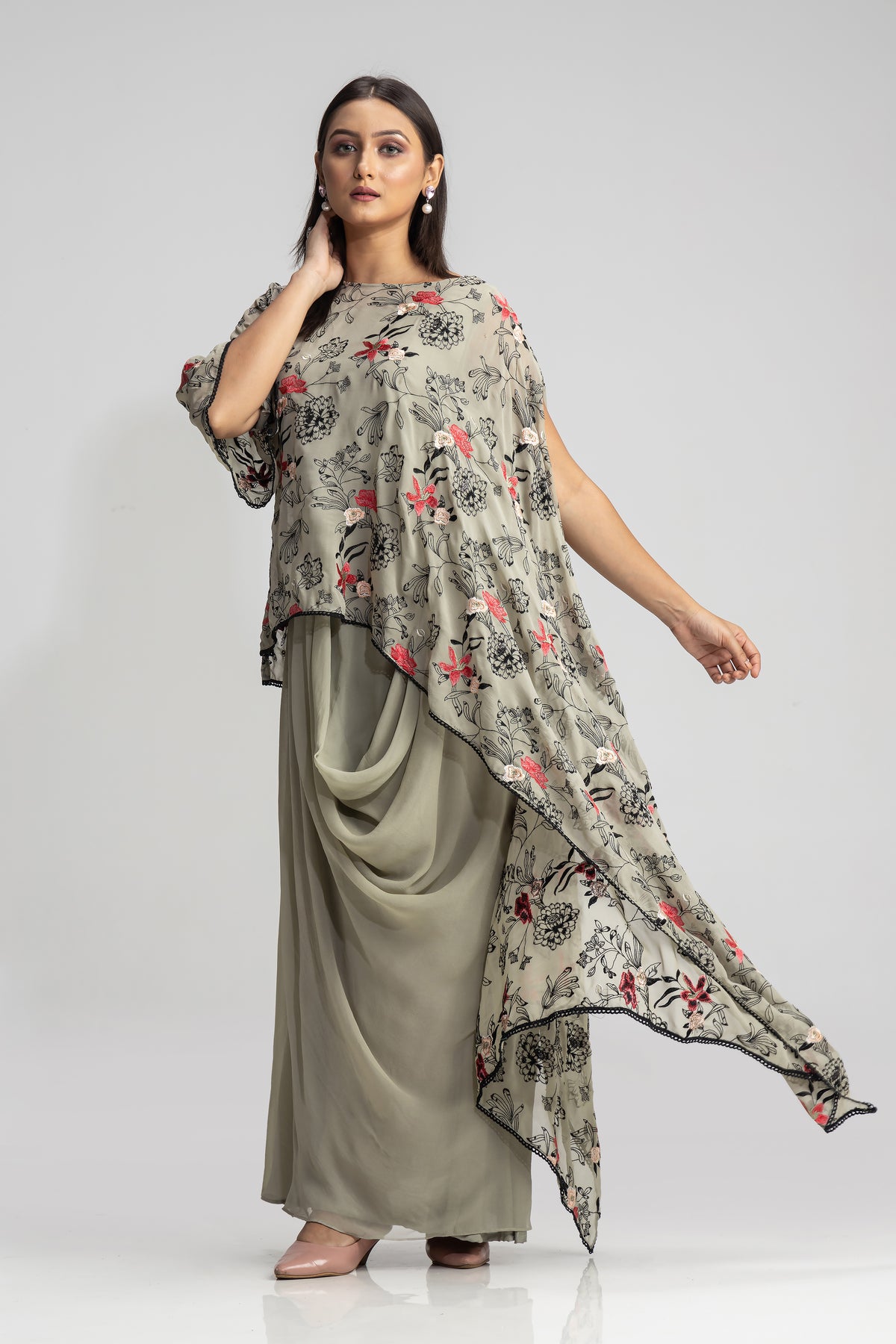 Embroidered Indo-Western Cowl Drape Dress