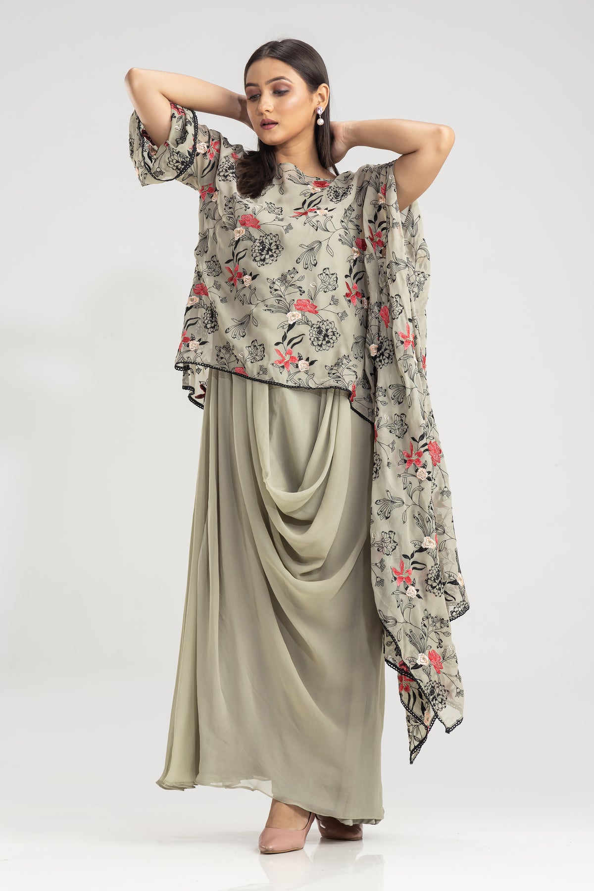 Embroidered Indo-Western Cowl Drape Dress