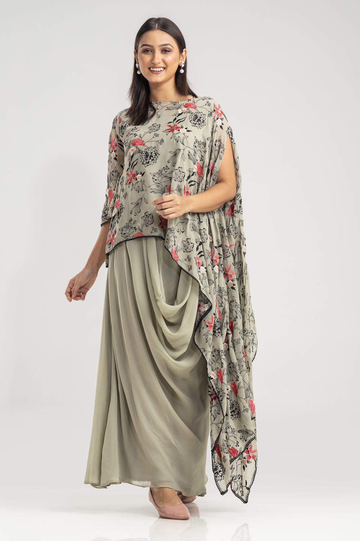 Embroidered Indo-Western Cowl Drape Dress