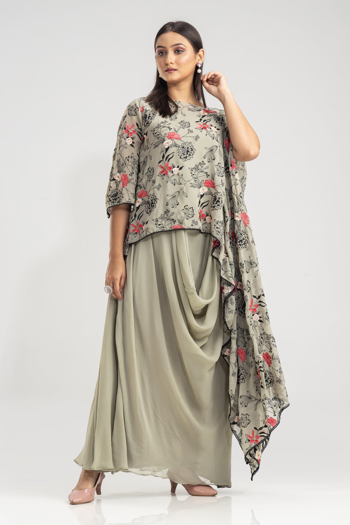 Embroidered Indo-Western Cowl Drape Dress