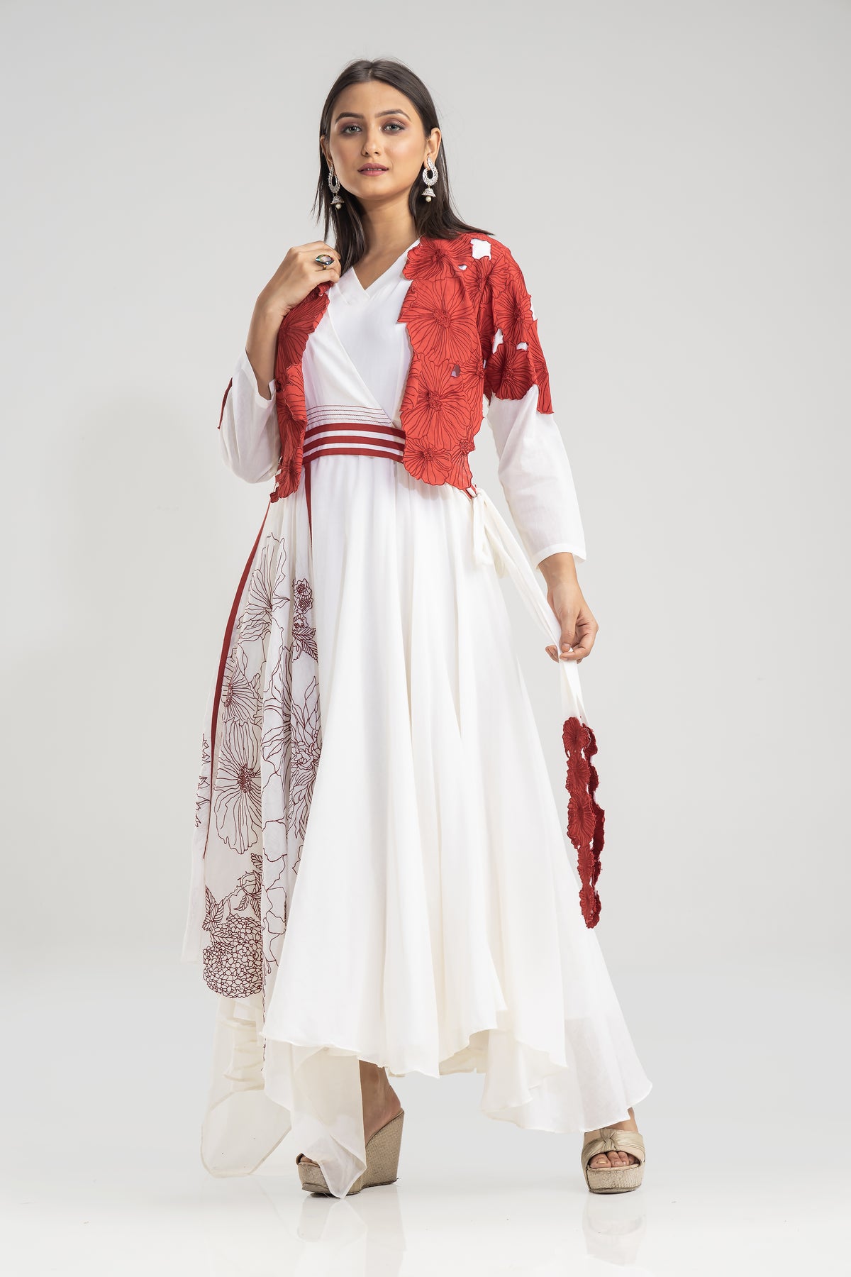 Thread work Long Gown in Red-White